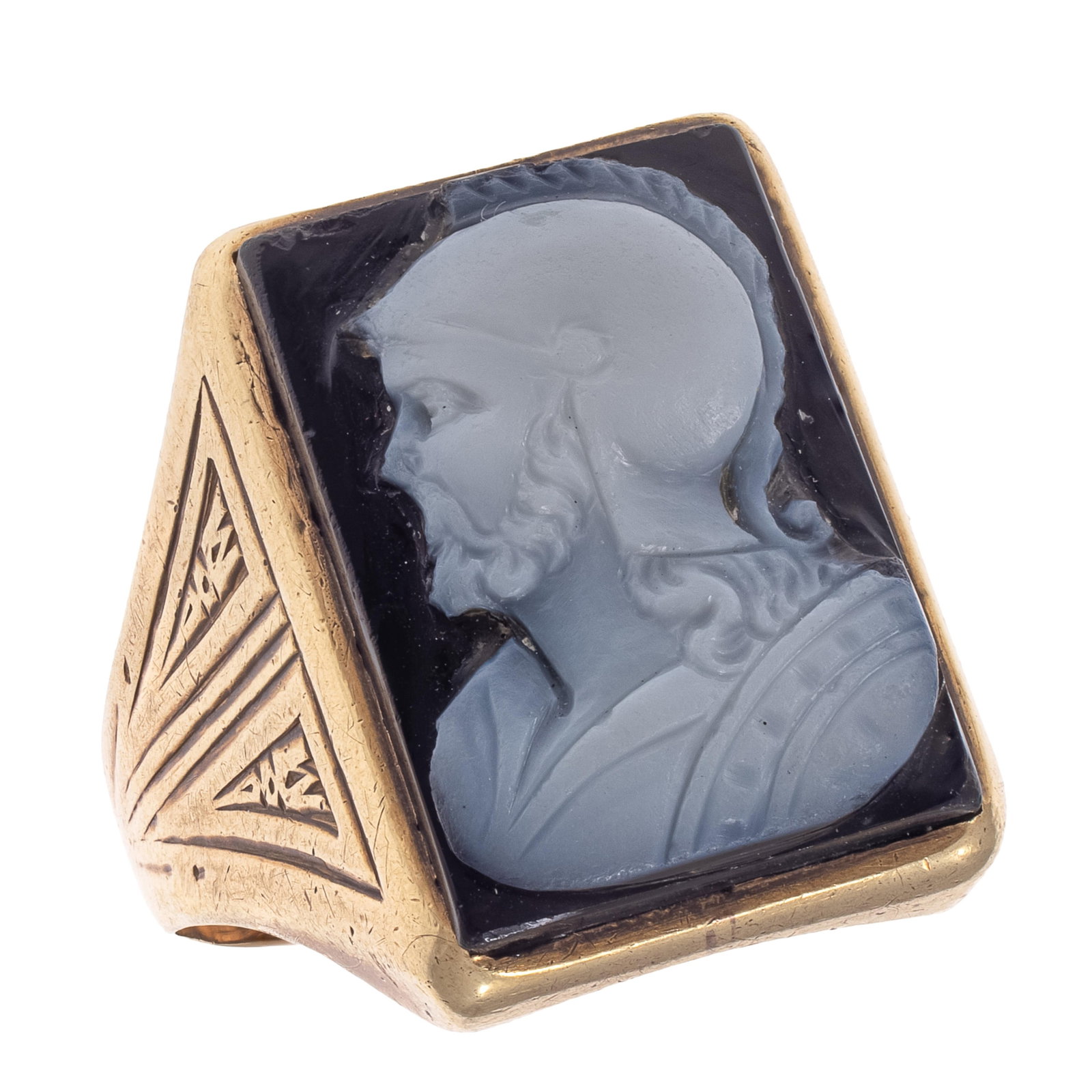 Gents Art Deco Hardstone Cameo, 14k Yellow Gold Ring: Gents Art Deco Hardstone Cameo, 14k Yellow Gold Ring Featuring a rectangular hardstone cameo of a soldier in profile, set in a 14k yellow gold ring mounting, size 11. Gross weight: 13.6 grams. Item