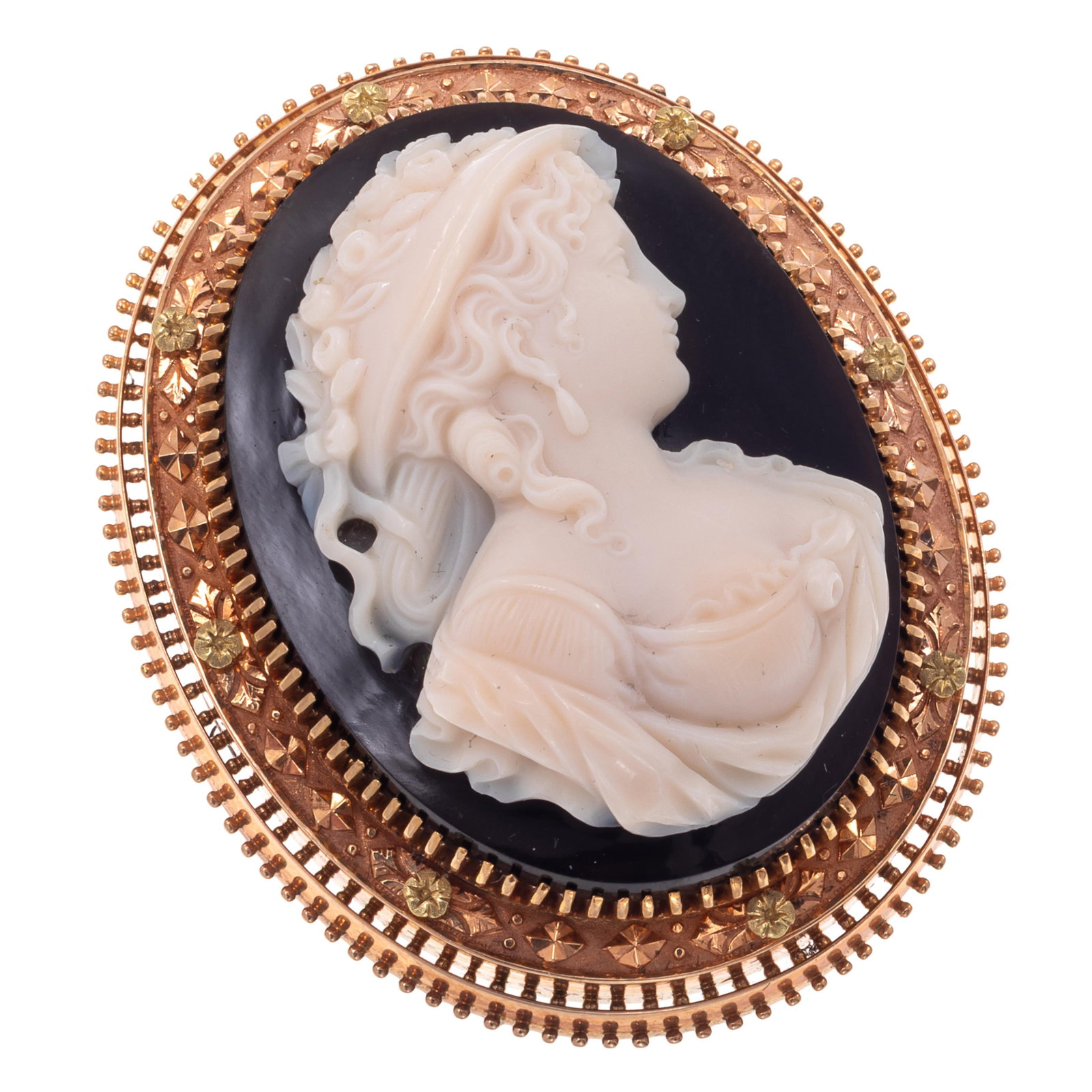 Hardstone Cameo, 14k Yellow and Rose Gold Pin Pendant: Hardstone Cameo, 14k Yellow and Rose Gold Pin Pendant Featuring a hardstone cameo of a maiden in profile, set in a foliate motif, rose and yellow gold pin pendant mounting measuring approximately