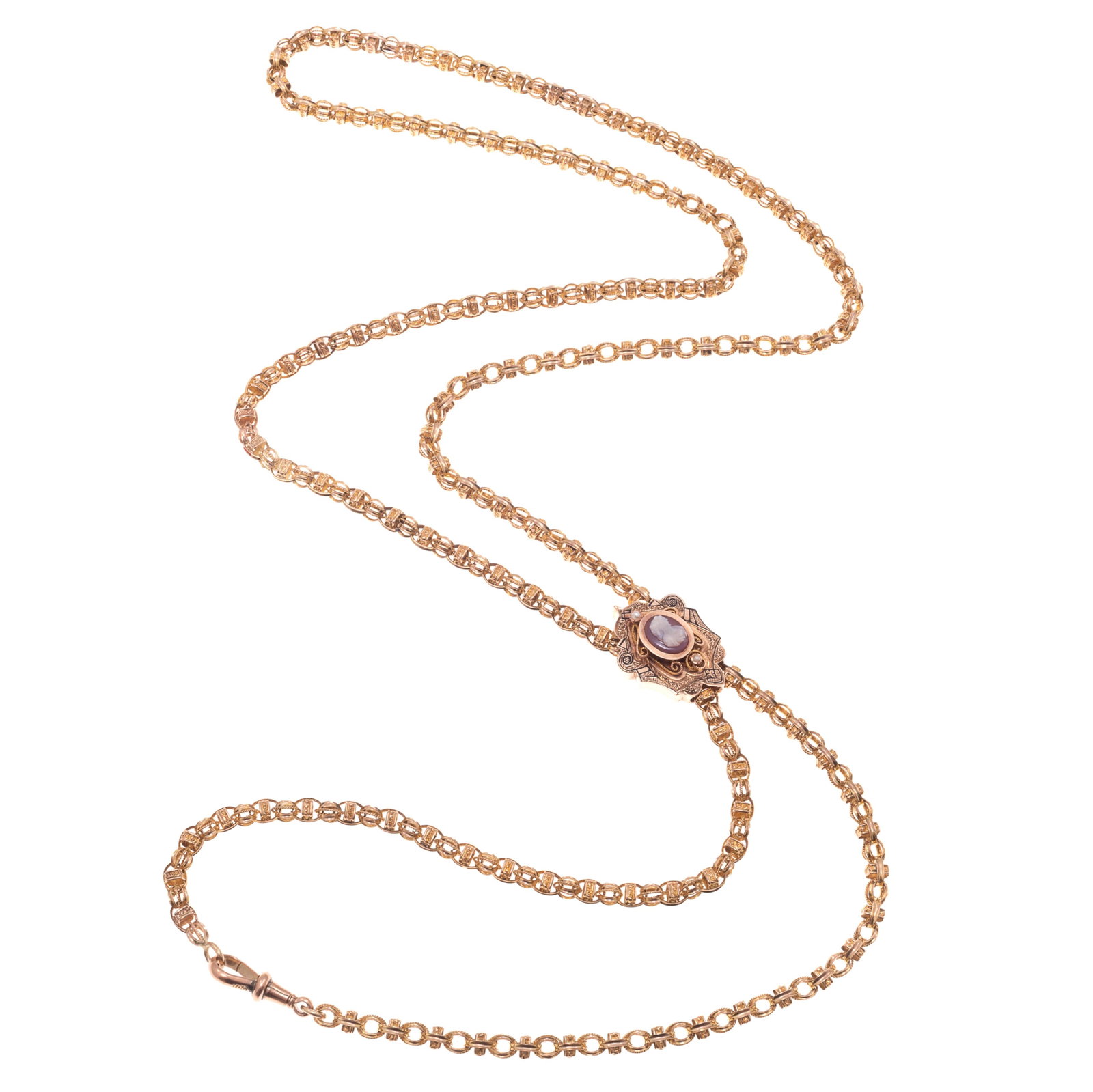 Victorian Hardstone Cameo, 10k Yellow Gold Slide Chain: Victorian Hardstone Cameo, 10k Yellow Gold Slide Chain The 10k yellow gold fancy links measuring approximately 5.0 mm width, the 10k slide centering one oval hardstone cameo accented by two seed
