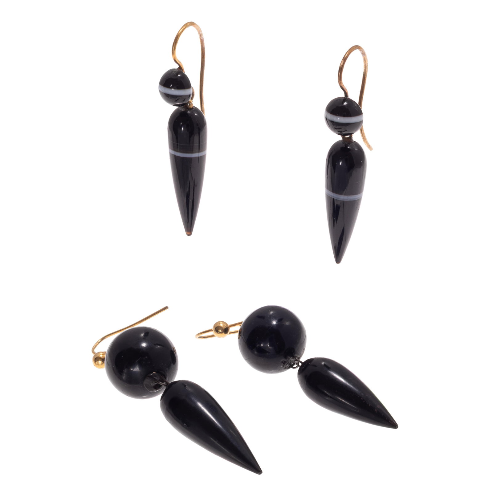 Two Pairs of Victorian Earrings: Two Pairs of Victorian Earrings Including one pair of banded agate, 14k yellow gold earrings, each measuring approximately 1.50 inches in length; together with one pair of gutta percha, gold-tone