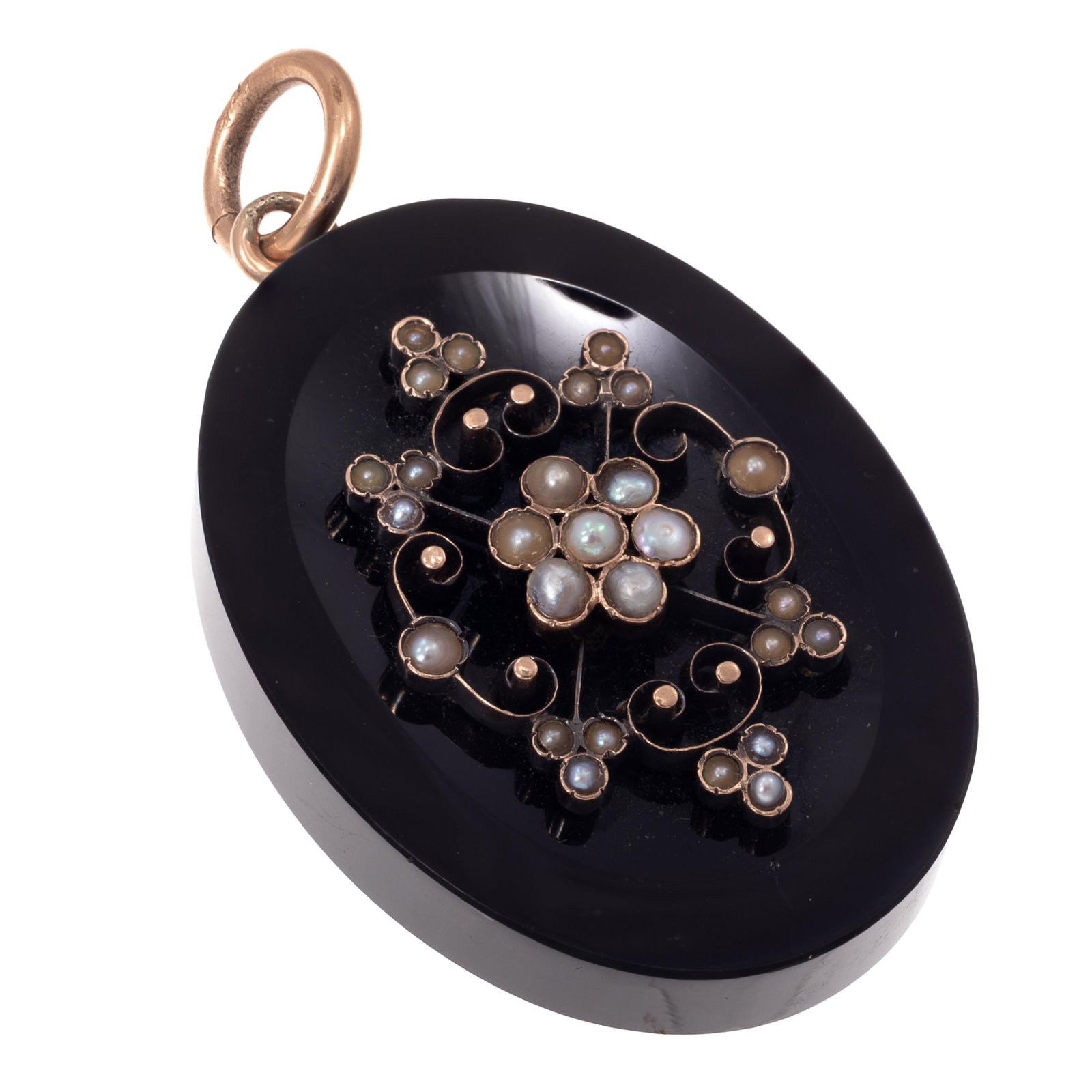 Victorian Seed Pearl, Onyx, 10k Rose Gold Mourning Locket: Victorian Seed Pearl, Onyx, 10k Rose Gold Mourning Locket Centering a scrolling, seed pearl applique set in an oval onyx tablet, reversing to a glazed locket back and suspended by a 10k rose gold ring