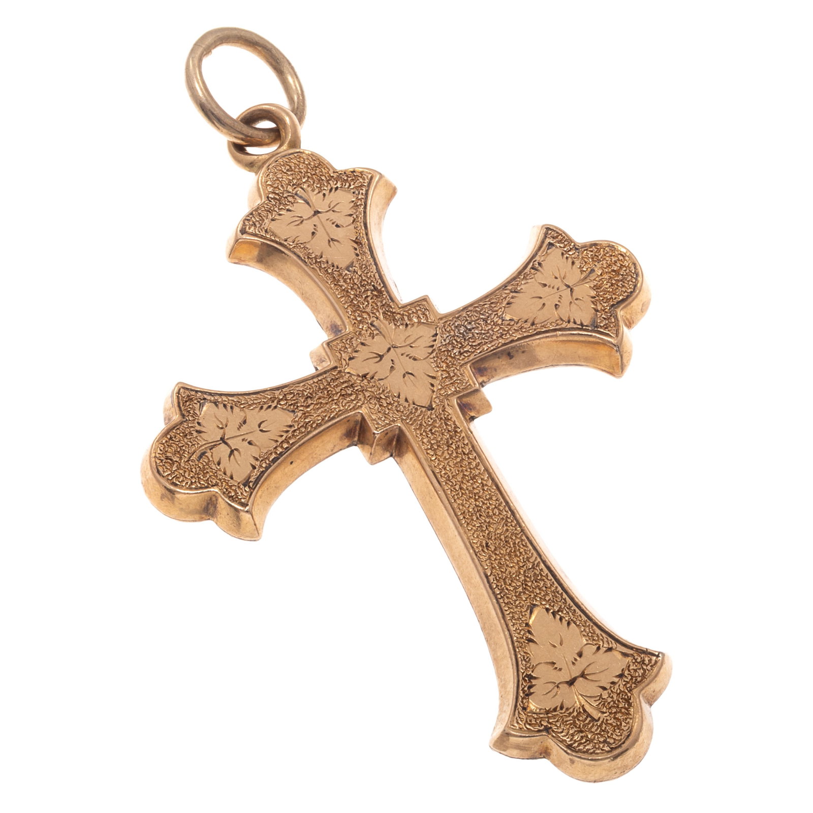 Victorian 14k Yellow Gold Cross: Victorian 14k Yellow Gold Cross Designed as a cross, the arms highlighted in a foliate motif, set in a 14k yellow gold pendant mounting measuring approximately 2.15 x 1.30 inches. Gross weight: 14.9