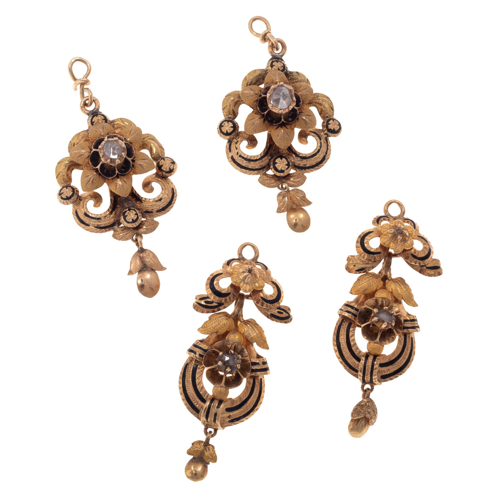 Two Pairs of Victorian Diamond, 14k Yellow Gold Earring Drops: Two Pairs of Victorian Diamond, 14k Yellow Gold Earring Drops Including one pair centering a rose-cut diamond measuring approximately 4.45 and 4.25 mm, set in a 14k yellow gold, floral earring drop,