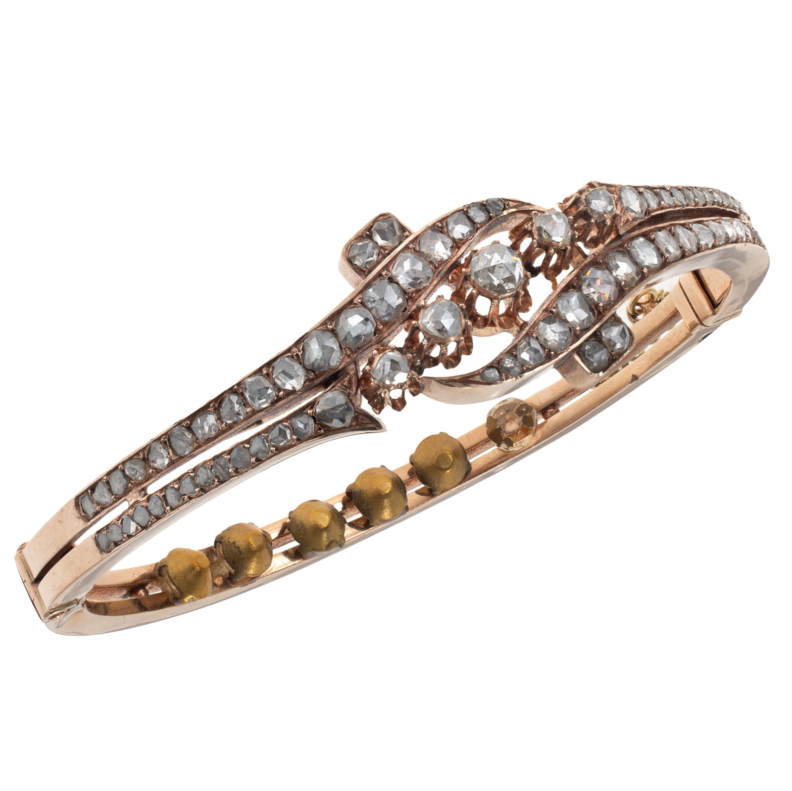 Victorian Diamond, 14k Rose Gold Bracelet: Victorian Diamond, 14k Rose Gold Bracelet Featuring fifty-nine rose-cut diamonds measuring from approximately 4.7 to 1.5 mm, set in a sinuous, 14k rose gold mounting completed by a push-button