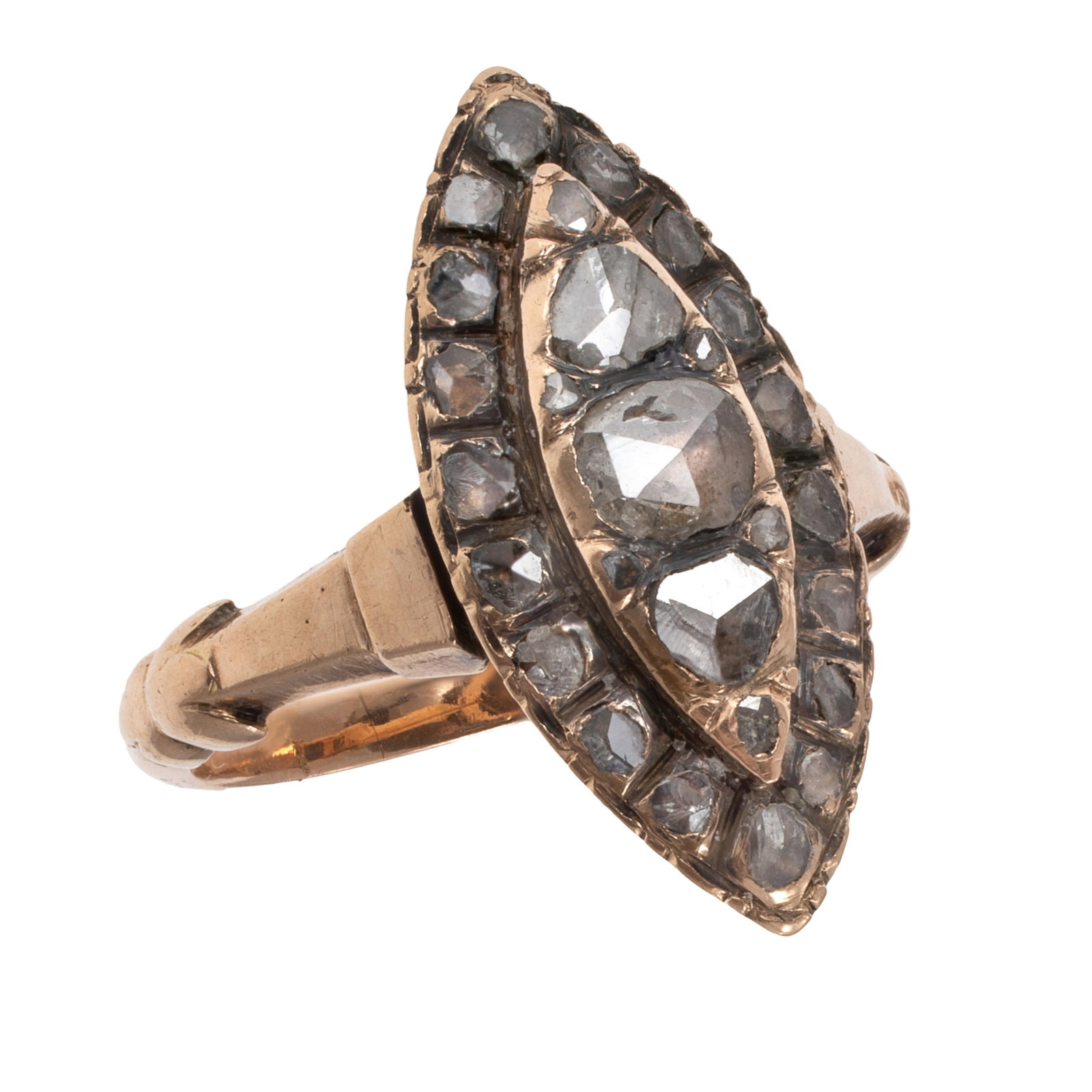 Diamond, 14k Yellow Gold Ring: Diamond, 14k Yellow Gold Ring Featuring twenty-three rose-cut diamonds measuring from approximately 4.20 to 1.60 mm, set in a navette shaped, 14k yellow gold ring mounting, size 7 1/4. Gross weight: