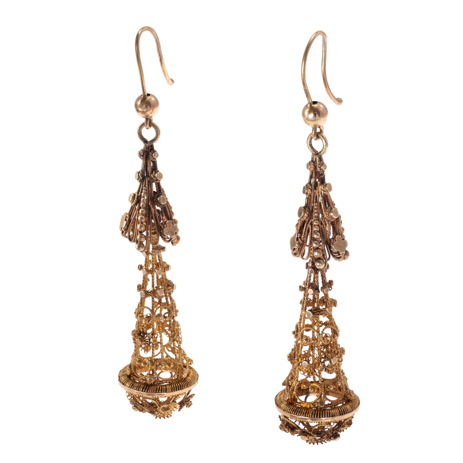 Pair of Antique Gold Cannetille Earrings: Pair of Antique Gold Cannetille Earrings Designed as openwork cannetille drops tested to 14k yellow gold, each measuring approximately 2.60 x 0.60 inches. Gross weight: 8.1 grams. From the estate of