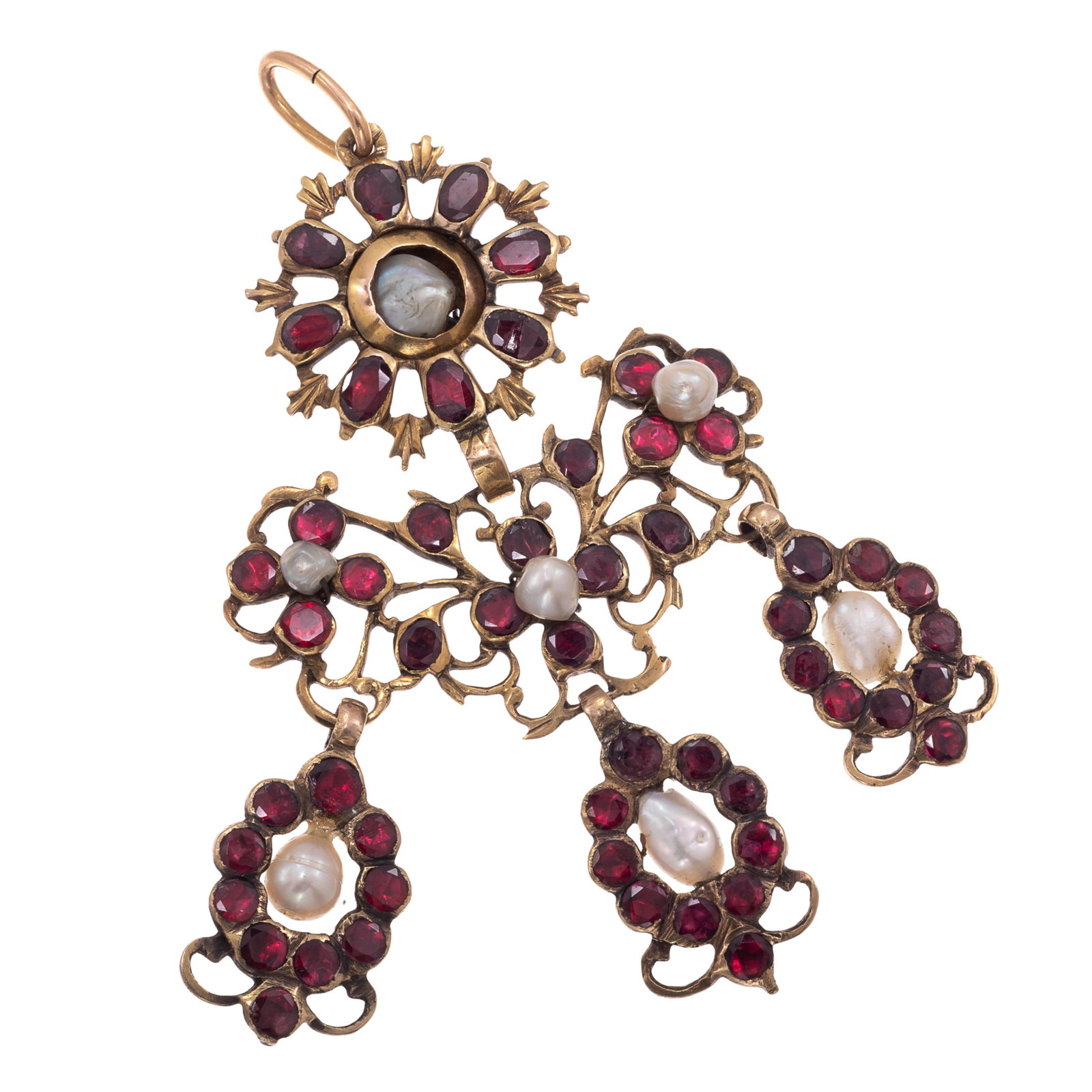 Georgian Garnet, Pearl, 14k Yellow Gold Pendant: Georgian Garnet, Pearl, 14k Yellow Gold Pendant Oval and round foiled garnets highlighted by natural pearls, set in an articulated 14k yellow gold pendant measuring approximately 2.70 x 1.50 inches.