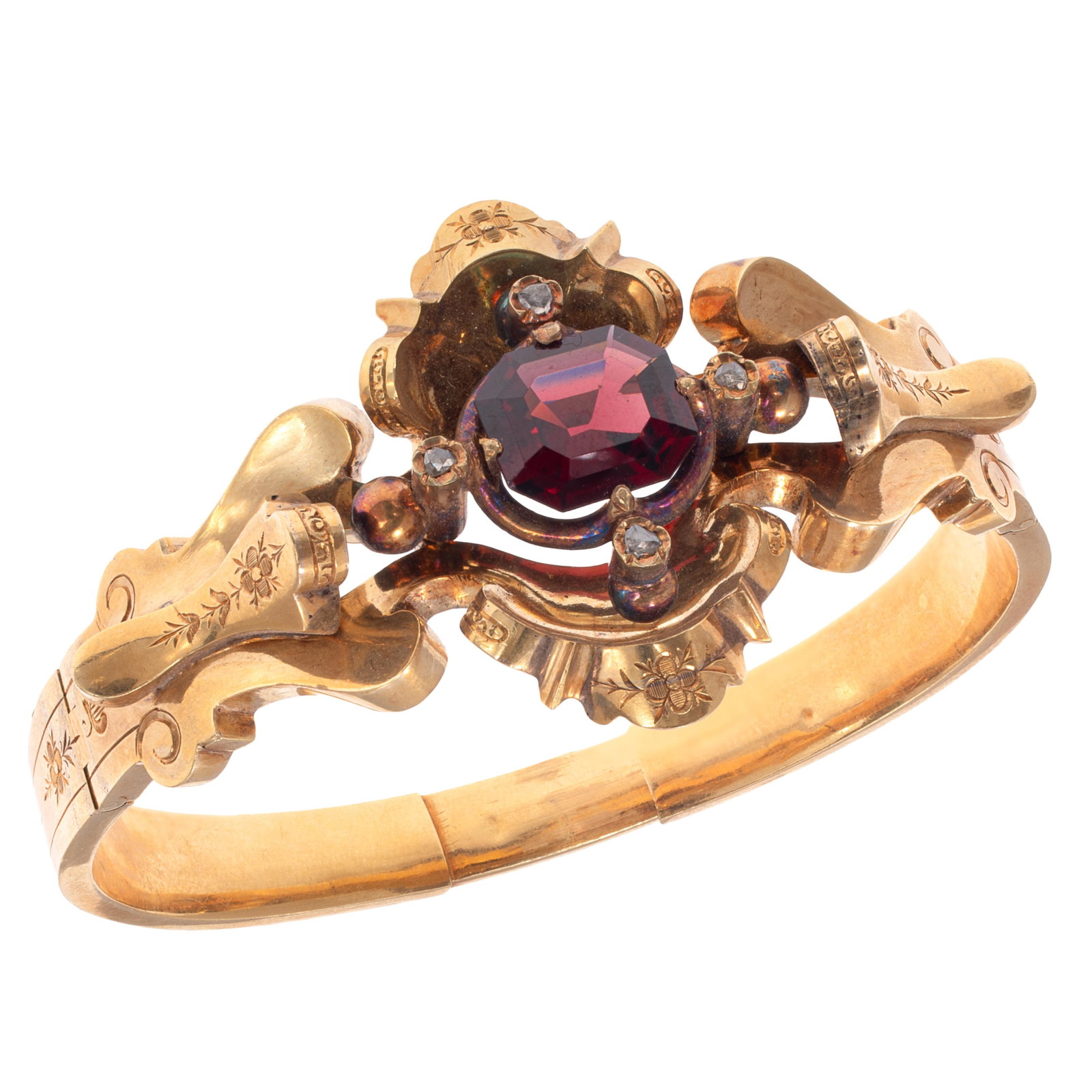Antique French Garnet, Diamond, 18k Bracelet: Antique French Garnet, Diamond, 18k Bracelet Centering an octagon-shape garnet highlighted by four rose-cut diamonds, set in a repousse and engraved, 18k yellow gold bracelet mounting completed by an 