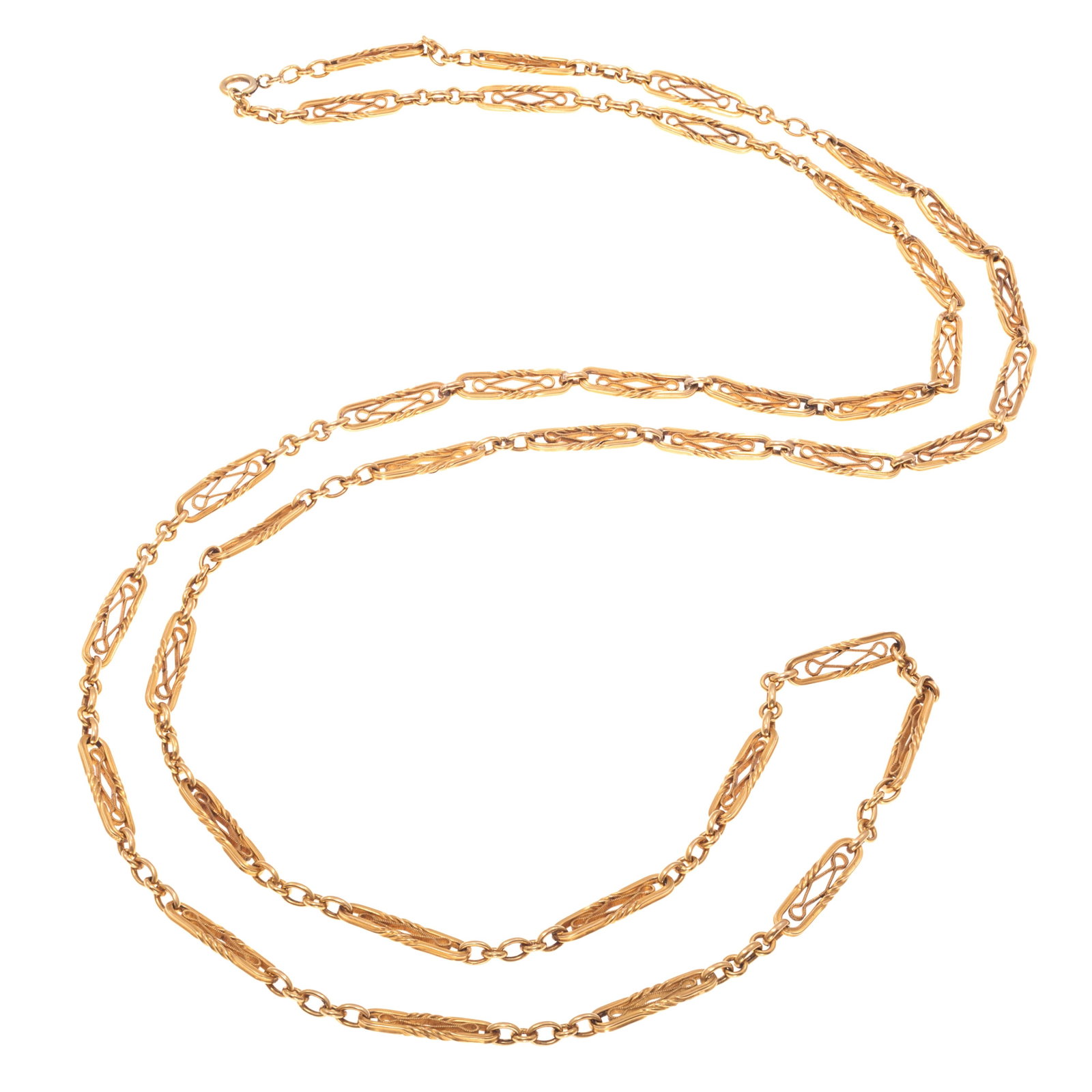 Antique French 18k Yellow Gold Neck Chain: Antique French 18k Yellow Gold Neck Chain The 18k yellow gold fancy links completed by a spring ring clasp, forming a 45 inch necklace. With French marks. Gross weight: 31.5 grams. Item condition: