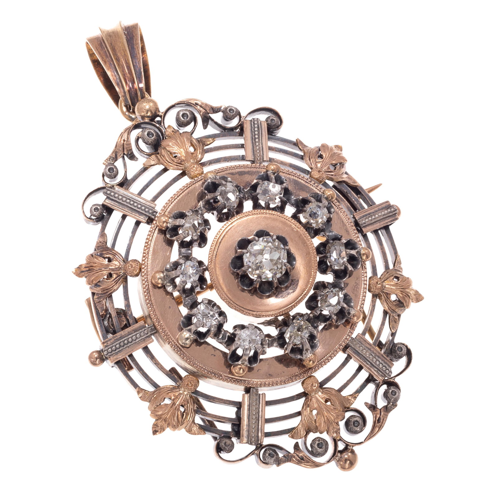 Antique French Diamond, 18k, Silver Pin Pendant: Antique French Diamond, 18k, Silver Pin Pendant Centering eleven mine-cut diamonds set in an openwork, 18k rose gold and silver pin pendant measuring approximately 2.30 x 1.50 inches. With French