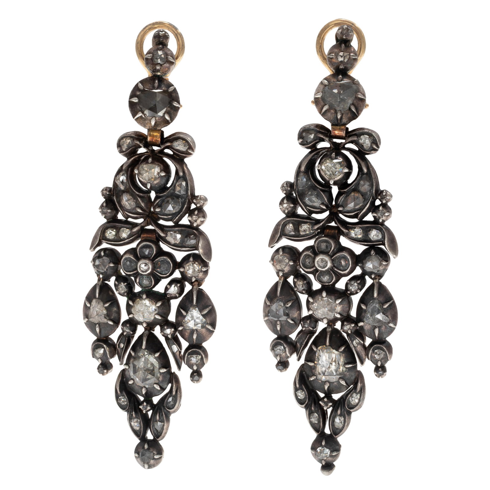 Pair of Diamond, Gold, Silver Chandelier Earrings: Pair of Diamond, Gold, Silver Chandelier Earrings Featuring numerous rose-cut diamonds set in an articulated, silver-topped, yellow gold earring mounting measuring approximately 2.90 x 0.85 inches.