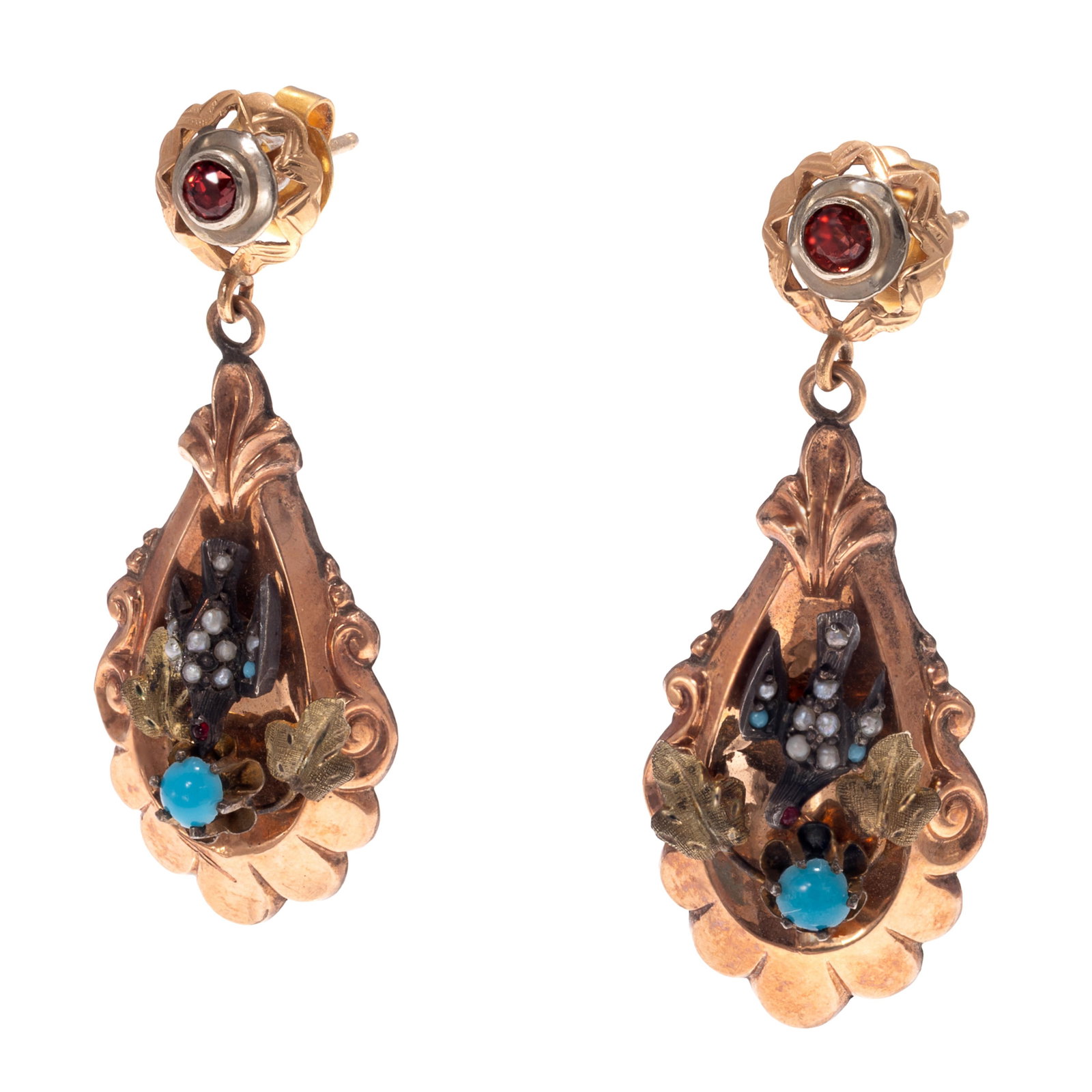 Pair of Victorian 9k Rose Gold Earrings: Pair of Victorian 9k Rose Gold Earrings Each designed as a bird amongst leaves, accented by eight seed pearls, garnets and glass simulated 'turquoise' cabochons, set in an articulated, 9k rose,