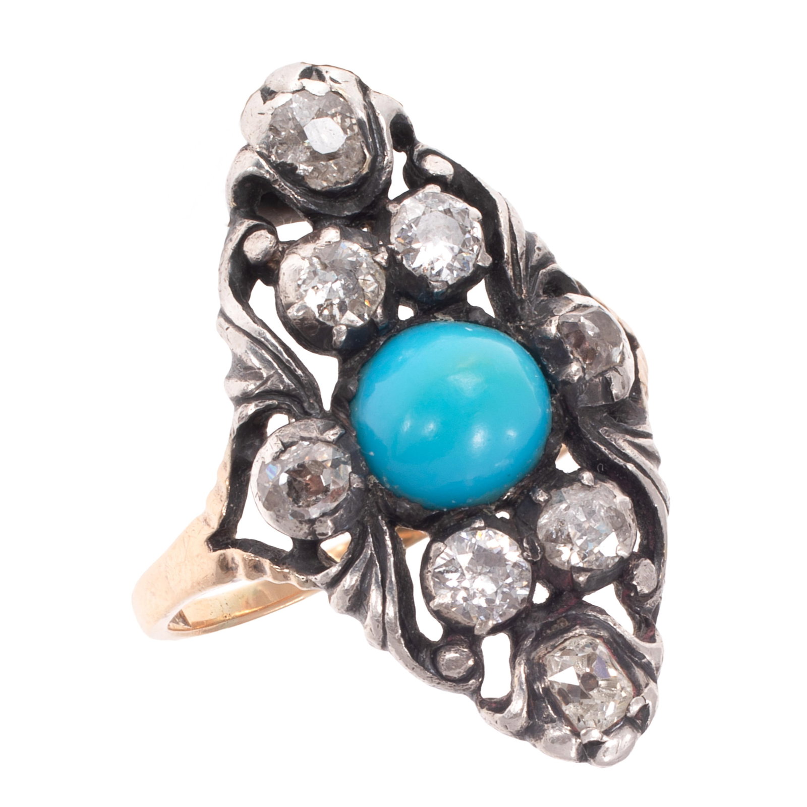 Antique Swedish Turquoise, Diamond, 18k, Silver Ring: Antique Swedish Turquoise, Diamond, 18k, Silver Ring Centering one off-round turquoise cabochon measuring approximately 7.3 x 7.6 mm, accented by eight mine-cut and European-cut diamonds measuring fro
