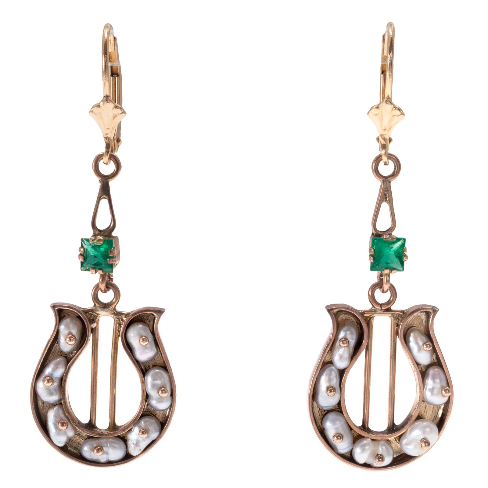 Pair of Emerald, Pearl, 14k Lyre Earrings (1 of 3)