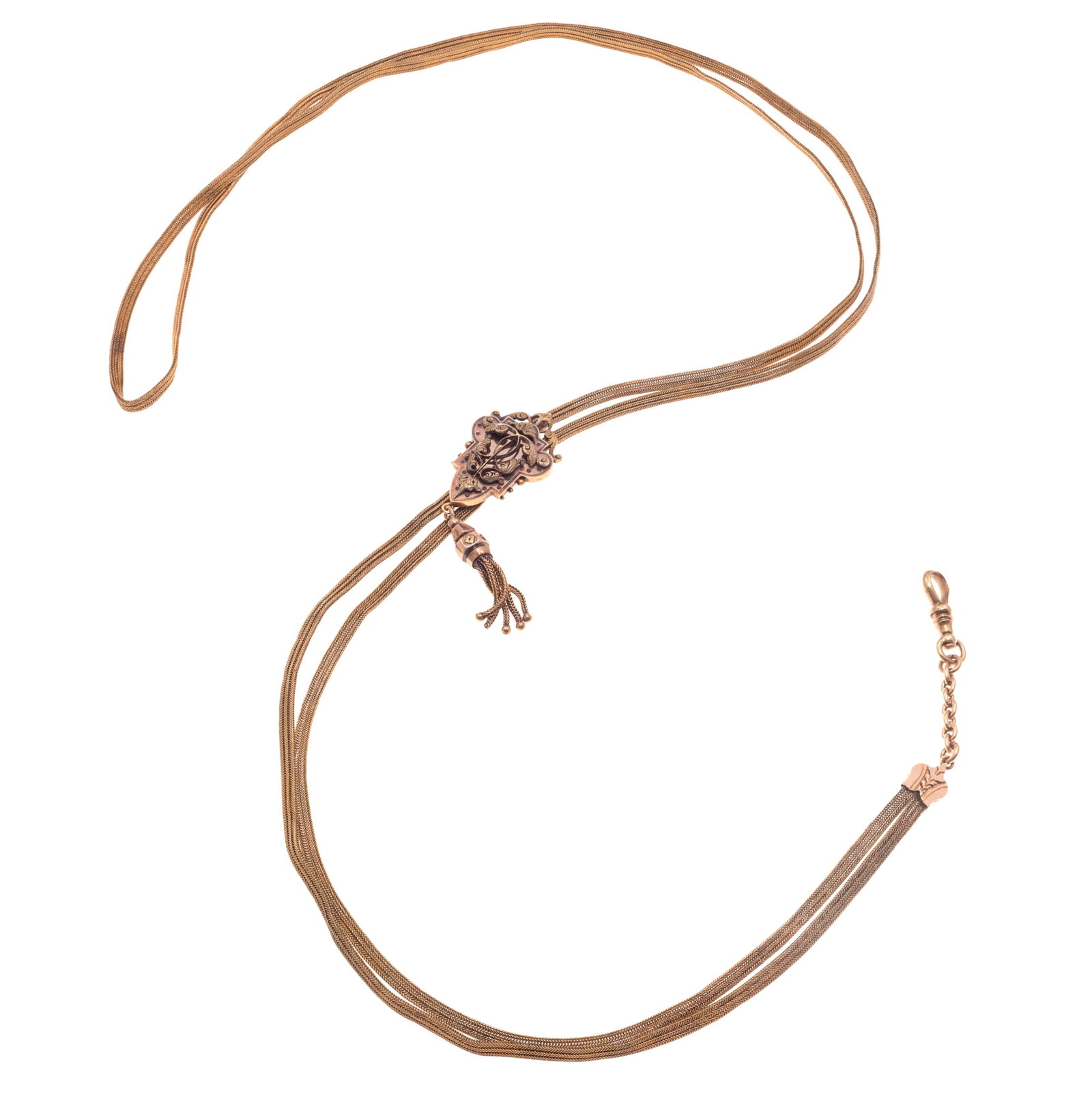 Victorian 14k Rose and Yellow Gold Slide Chain: Victorian 14k Rose and Yellow Gold Slide Chain The 14k rose gold mesh links measuring approximately 3.5 mm in width, the 14k rose and yellow gold slide with tassel, completed by 14k rose gold cable