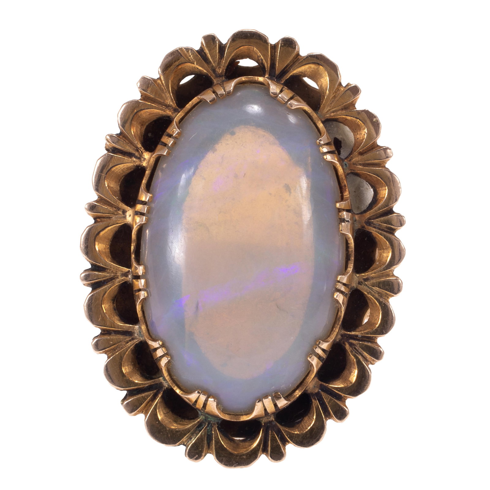 Opal, 14k Yellow Gold Ring: Opal, 14k Yellow Gold Ring Centering one oval opal cabochon measuring approximately 23.0 x 13.8 mm, set in a scalloped, 14k yellow gold ring mounting, size 8. Gross weight: 9.3 grams. From the estate