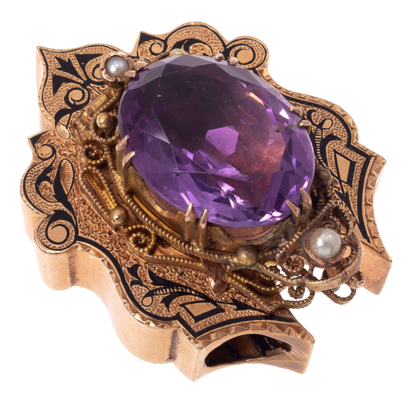 Victorian Amethyst, Seed Pearl, 14k Yellow Gold Slide: Victorian Amethyst, Seed Pearl, 14k Yellow Gold Slide Centering one oval-cut amethyst measuring approximately 19.0 x 14.0 mm, accented by two seed pearls, further accented by basse-talle enamel,