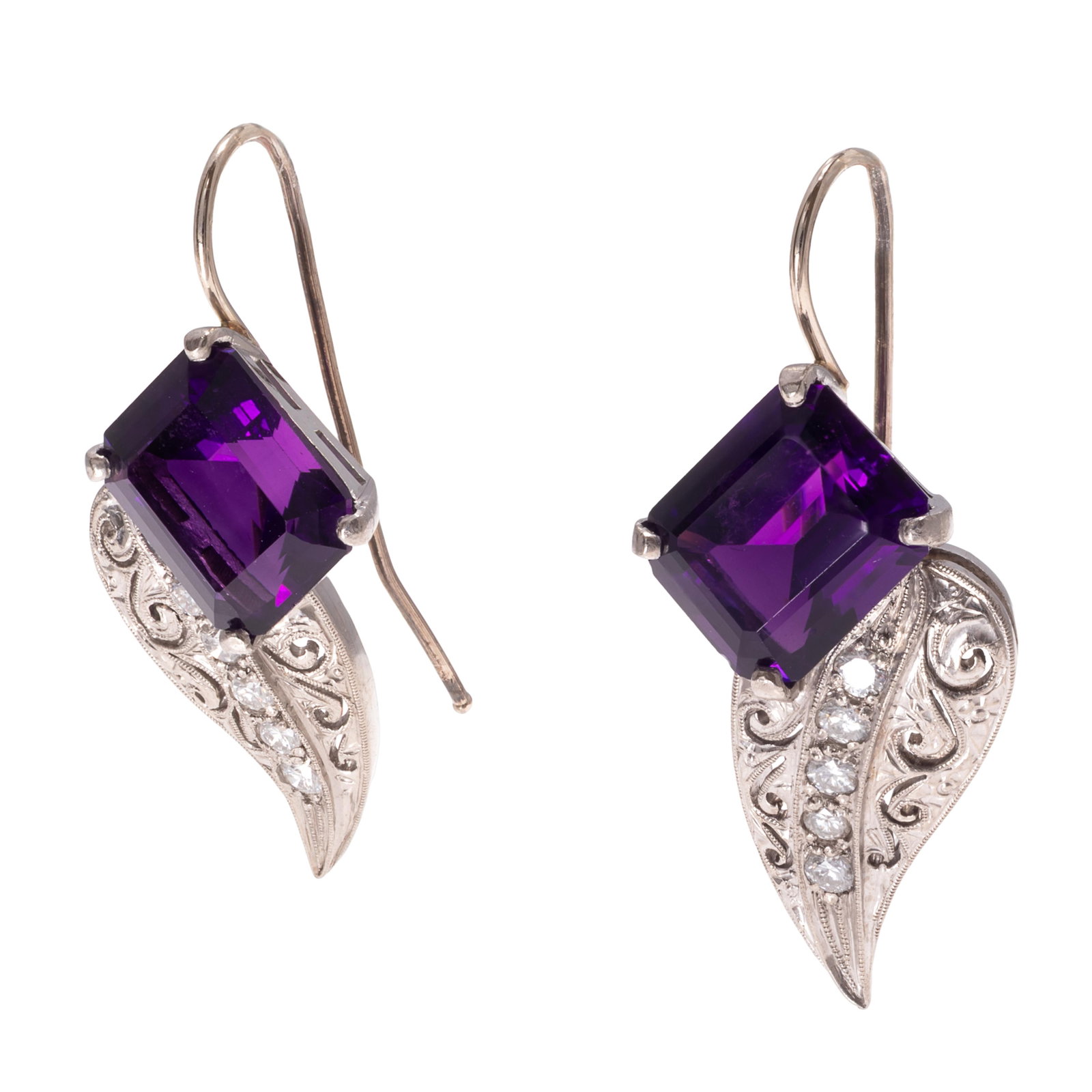 Pair of Amethyst, Diamond, Palladium, 14k Earrings (1 of 4)