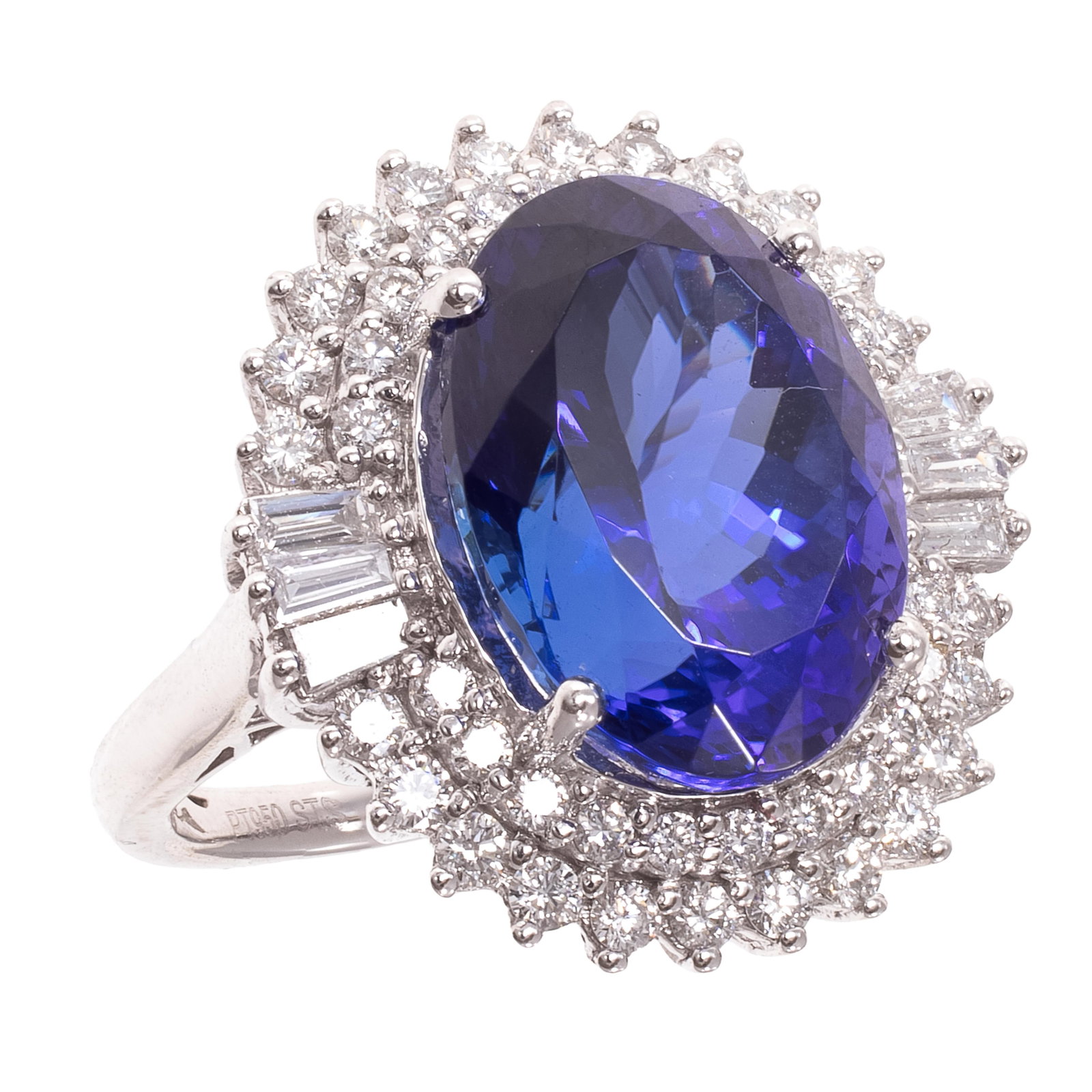 Tanzanite, Diamond, Platinum Ring, Rhapsody: Tanzanite, Diamond, Platinum Ring, Rhapsody Centering one oval-cut tanzanite weighing approximately 10.80 cts., accented by fifty-two round brilliant and baguette-cut diamonds weighing a total of