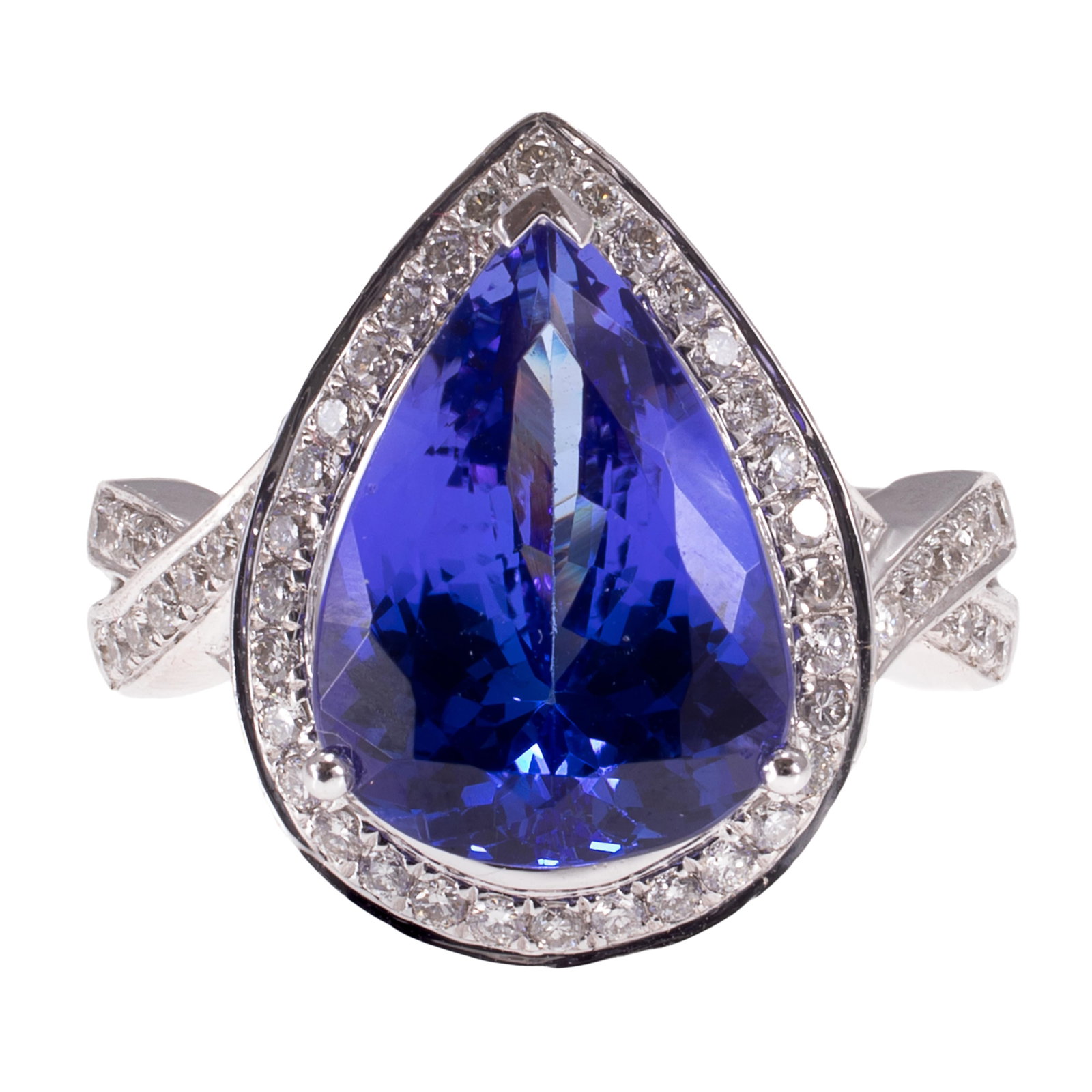 Tanzanite, Diamond, 18k White Gold Ring: Tanzanite, Diamond, 18k White Gold Ring Centering one pear-shape tanzanite measuring approximately 14.48 x 10.12 mm, accented by numerous round brilliant-cut diamonds weighing a total of approximately