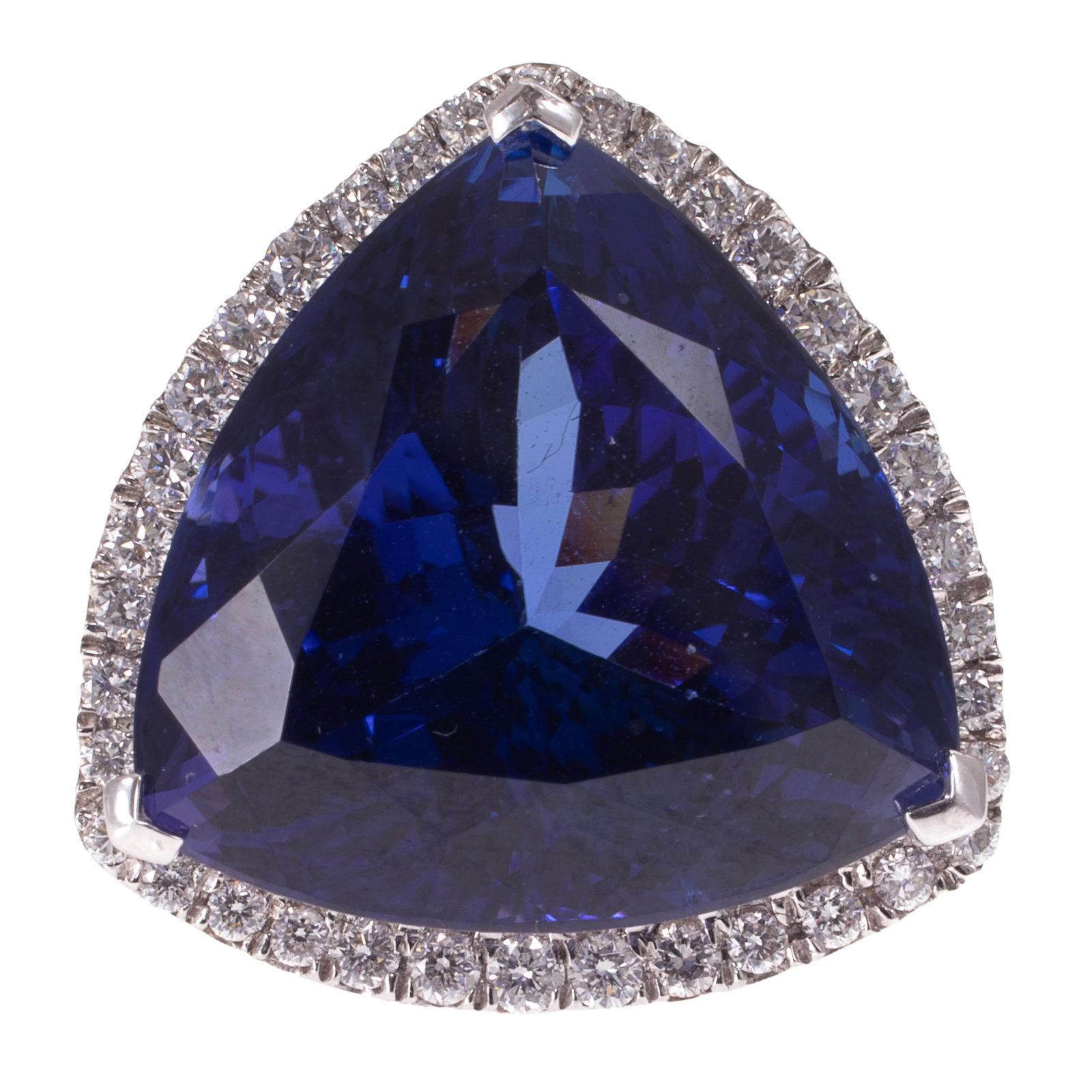 Tanzanite, Diamond, Platinum Ring: Tanzanite, Diamond, Platinum Ring Centering a triangle-cut tanzanite measuring approximately 18.8 x 18.8 mm, accented by forty-four round brilliant-cut diamonds weighing a total of approximately 0.66