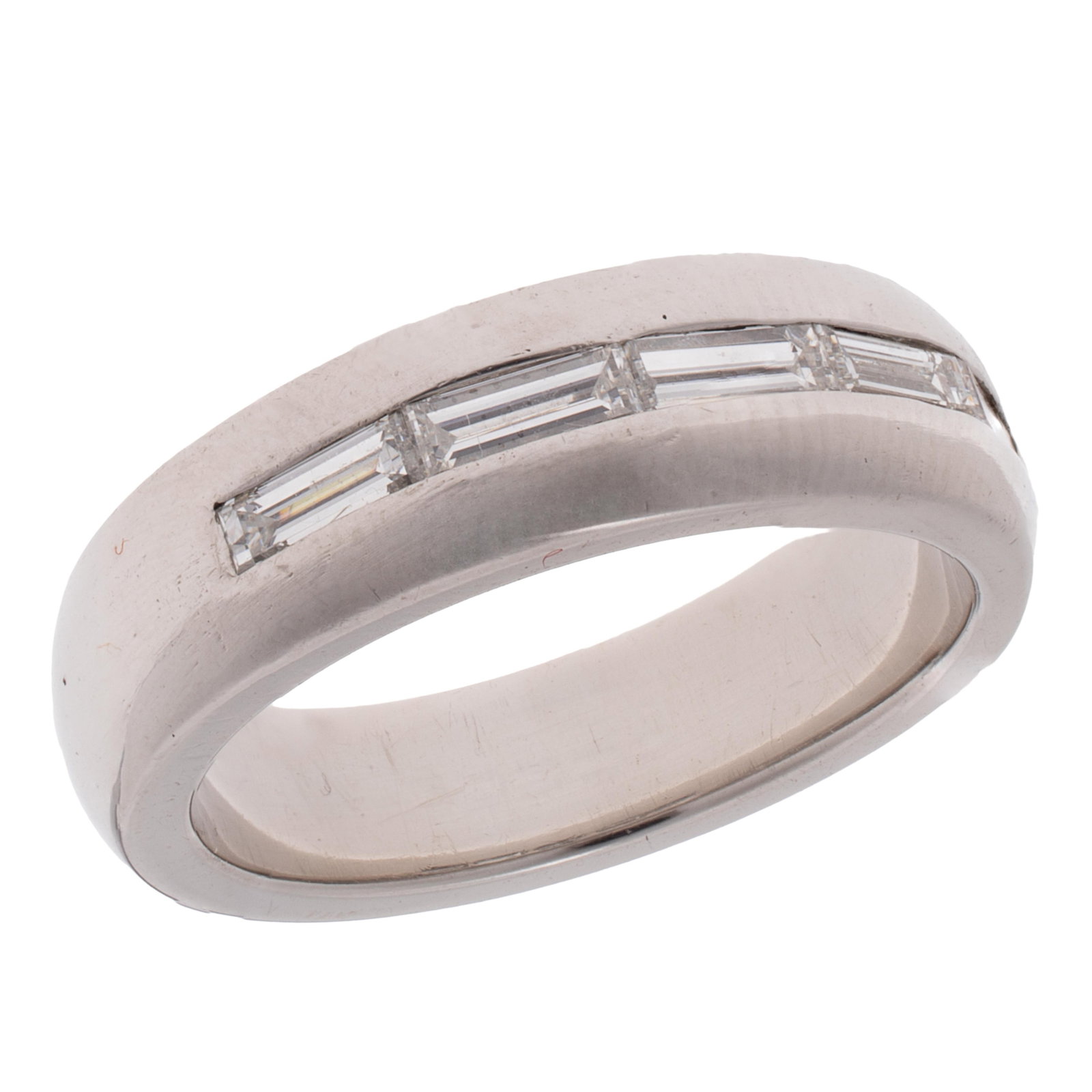 Diamond, Platinum Ring: Diamond, Platinum Ring Featuring four baguette-cut diamonds weighing a total of approximately 0.24 cttw., set in a platinum band measuring approximately 5.8 mm in width, size 6 1/4. Gross weight: