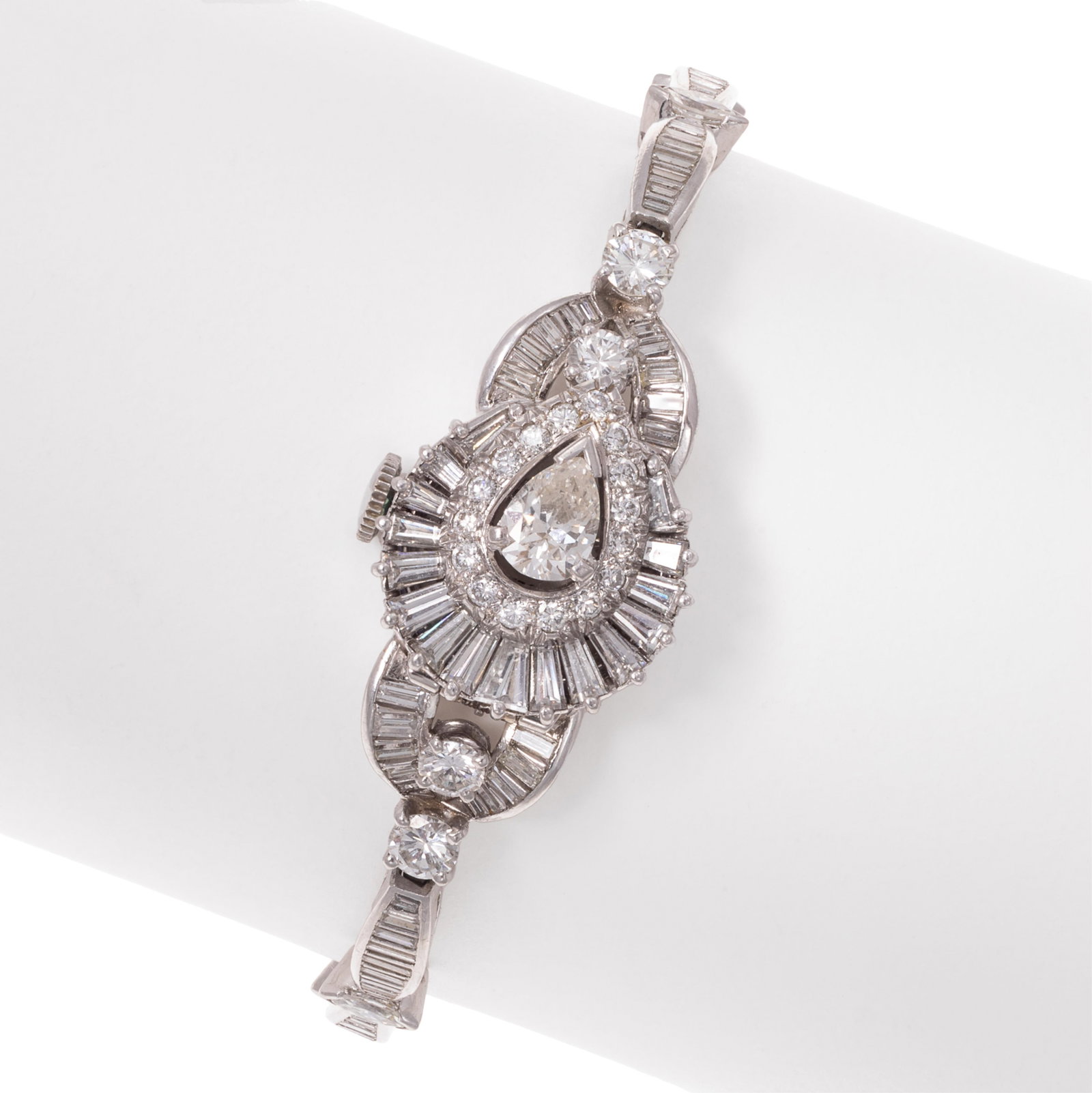 Ladies Rolex Diamond, Platinum Covered Watch: Ladies Rolex Diamond, Platinum Covered Watch DIAL: Round, silvered, applied dot and triangle hour markers, sword hands, Rolex. MOVEMENT: Mechanical, seventeen (17) jewels, adjusted 2 positions,