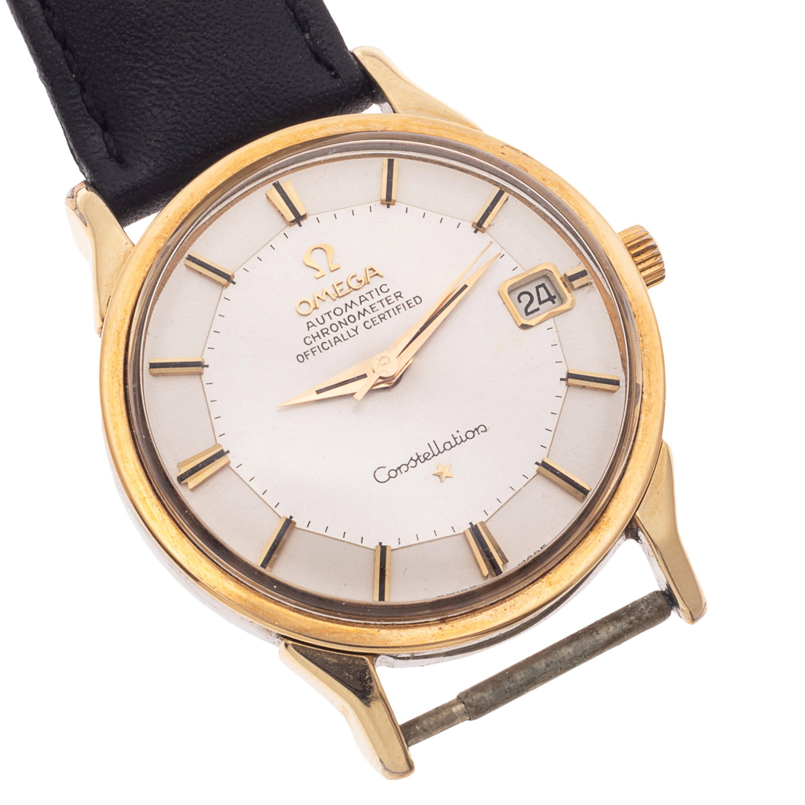 Omega Constellation Gold, Stainless Steel Wristwatch: Omega Constellation Gold, Stainless Steel Wristwatch DIAL: Round, silvered pie pan, applied gold and black stick hour markers, black inner minutes track, gold and black dauphine hands, center seconds 