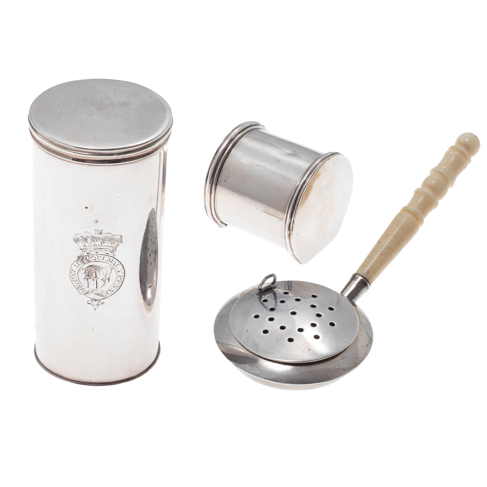 Regency Sterling Nutmeg Grater: Regency Sterling Nutmeg Grater The grater marked with Lion Passant and PR, possible Philip Rundekk. The cylinder with a monogram and inscription.3in (7cm) h. together with a strainer, marked for
