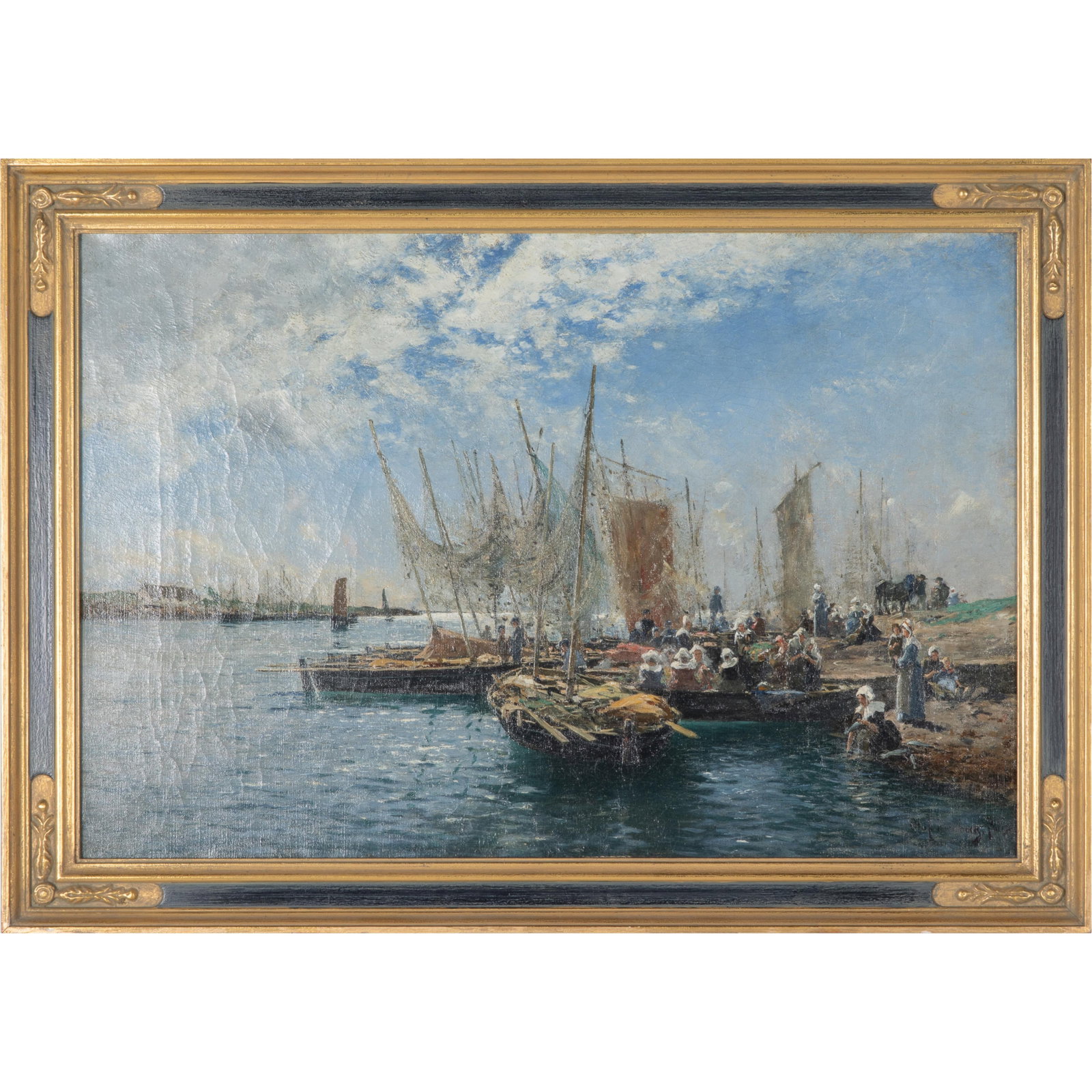 Olof Jernberg (German, 1855-1935).: Olof Jernberg (German, 1855-1935). Passengers Arriving at Shore. Oil on canvas, signed 'Olof Jernberg - Paris' (lower right), framed. 16 x 23in. (40.6 x 58.5cm). 18 1/2 x 26in. (47 x 66cm/frame).