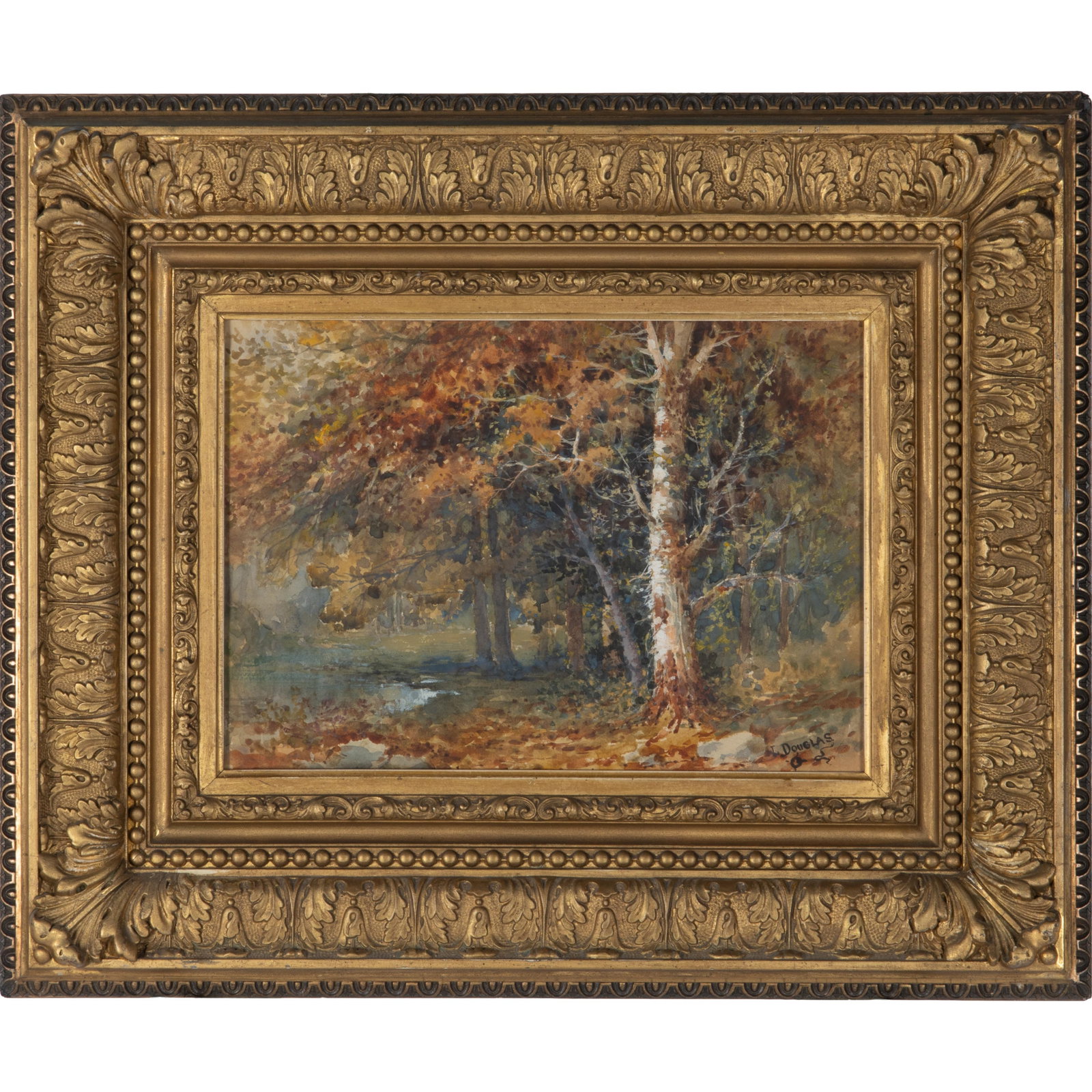 L. Douglas (American, early 20th century).: L. Douglas (American, early 20th century). Autumn Trees. Watercolor on paper, signed 'L Douglas' (lower right), framed. 10 x 14in. (25.5 x 35.5cm). 17 x 23in. (43 x 58.5cm/frame).