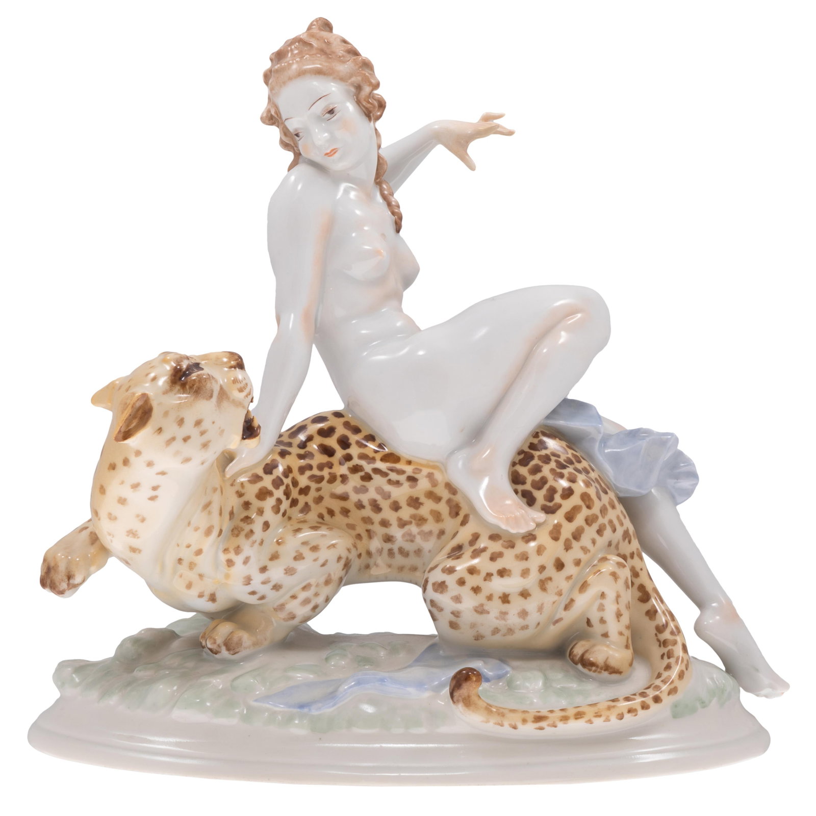 Hutschenreuther Porcelain Figure: Hutschenreuther Porcelain Figure Circa 1950. Figure of Ariadne posed on a leopard. 10 3/4in (27cm) h. 10in (25cm) l. Under glaze label: Kunstabteilung US Zone Condition: Good, no chips or cracks.