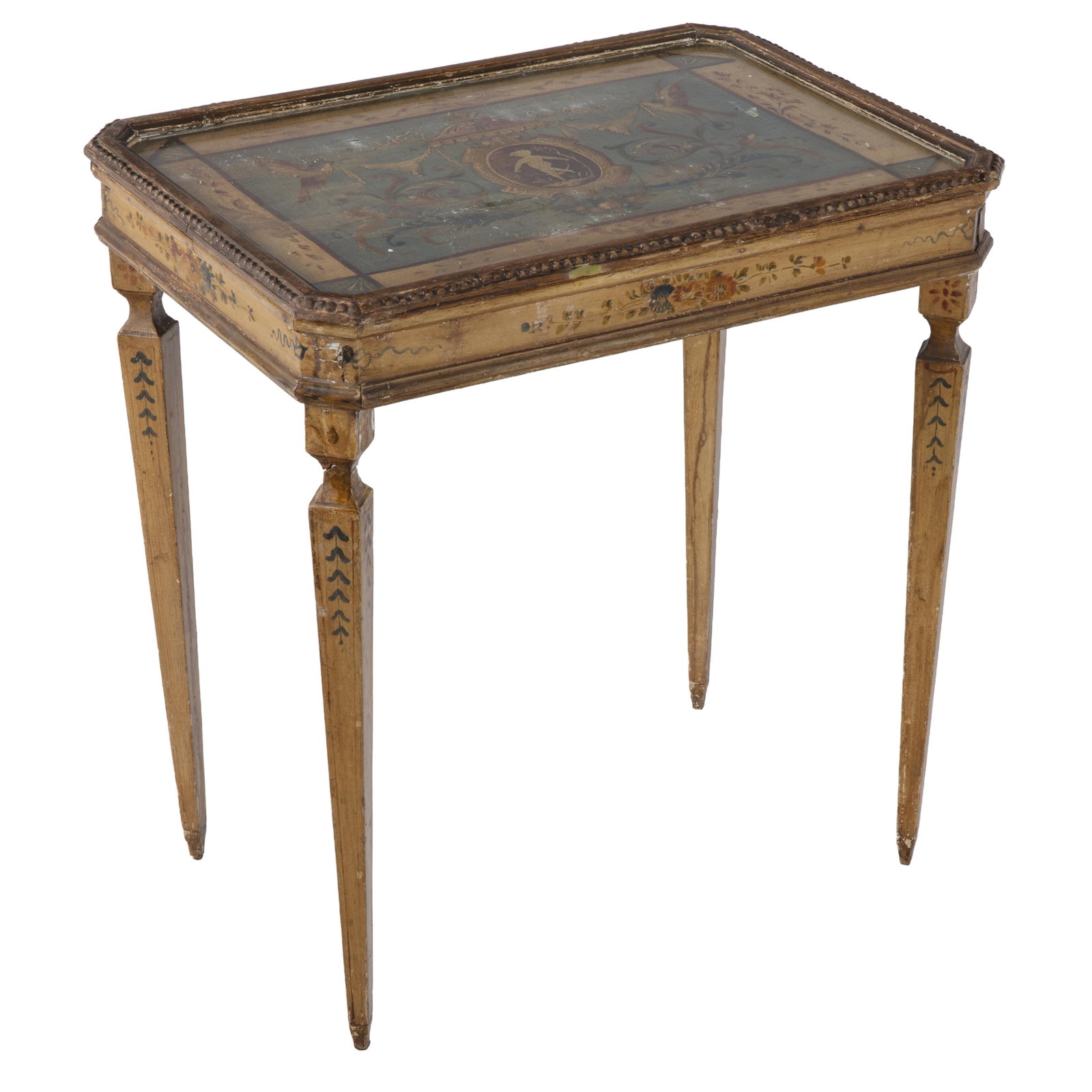 Italian Neoclassical Painted Table: Italian Neoclassical Painted Table 19th Century The glass top above a painted surface with a central mythical figure under a canopy and swags supported by song birds raised on tapering bell flower