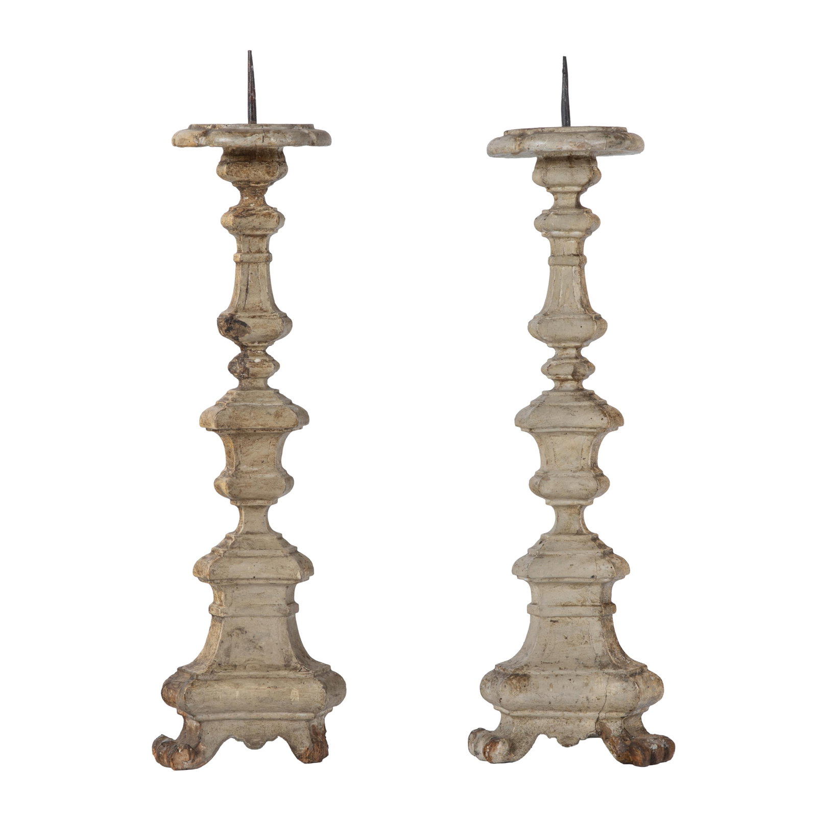 Continental Baroque Altar Sticks: Continental Baroque Altar Sticks 18th Century Each with a saucer bobeche centering a pricket on a tapering baluster and knopped standard ending on scrolled feet. 25in (64cm) h. Condition: Both