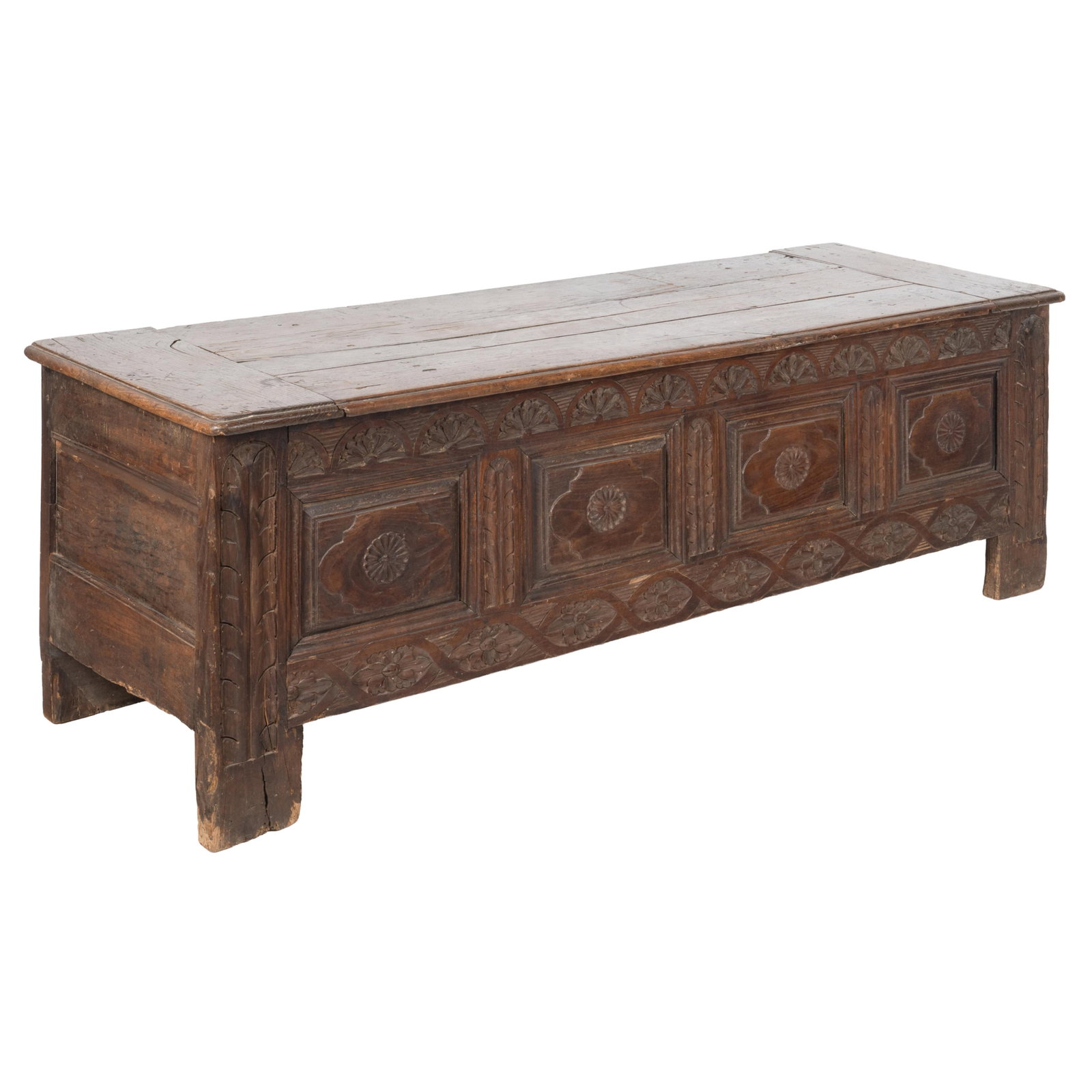 Italian Baroque Walnut Cassone: Italian Baroque Walnut Cassone The hinged top over a case with carved foliate panels within floral banding franked by leafed stiles. 24in (61cm)h. 68in (173cm) l. 22in (56cm) d