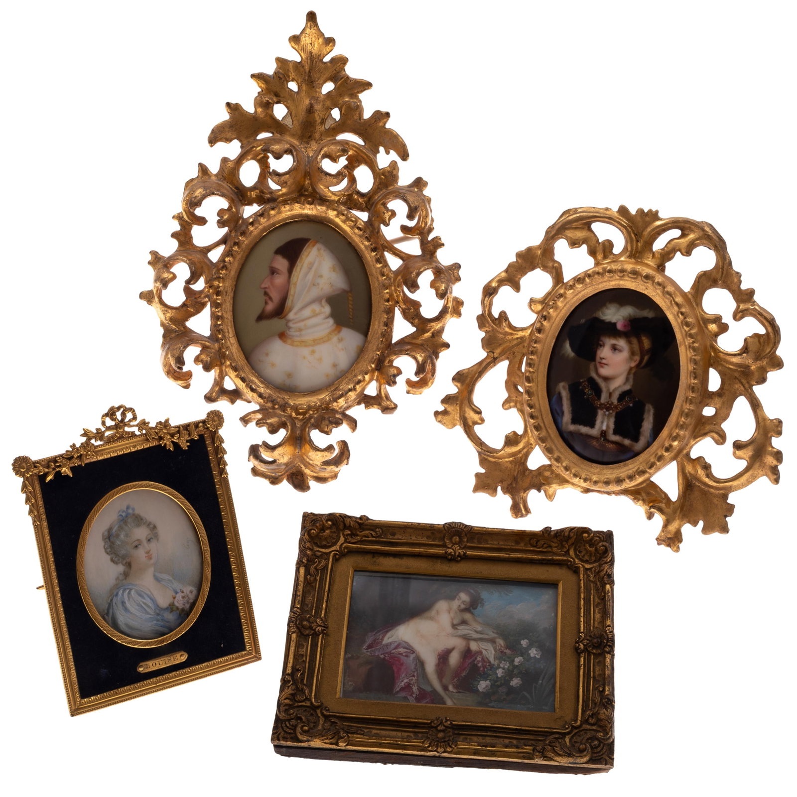 Four Portrait Miniatures: Four Portrait Miniatures 19th century. All in Rococo gilt frames, including; Louise Elizabeth of France, A Georgian beauty in a feathered hat, a Gentleman with pointed beard and hooded cloak and a