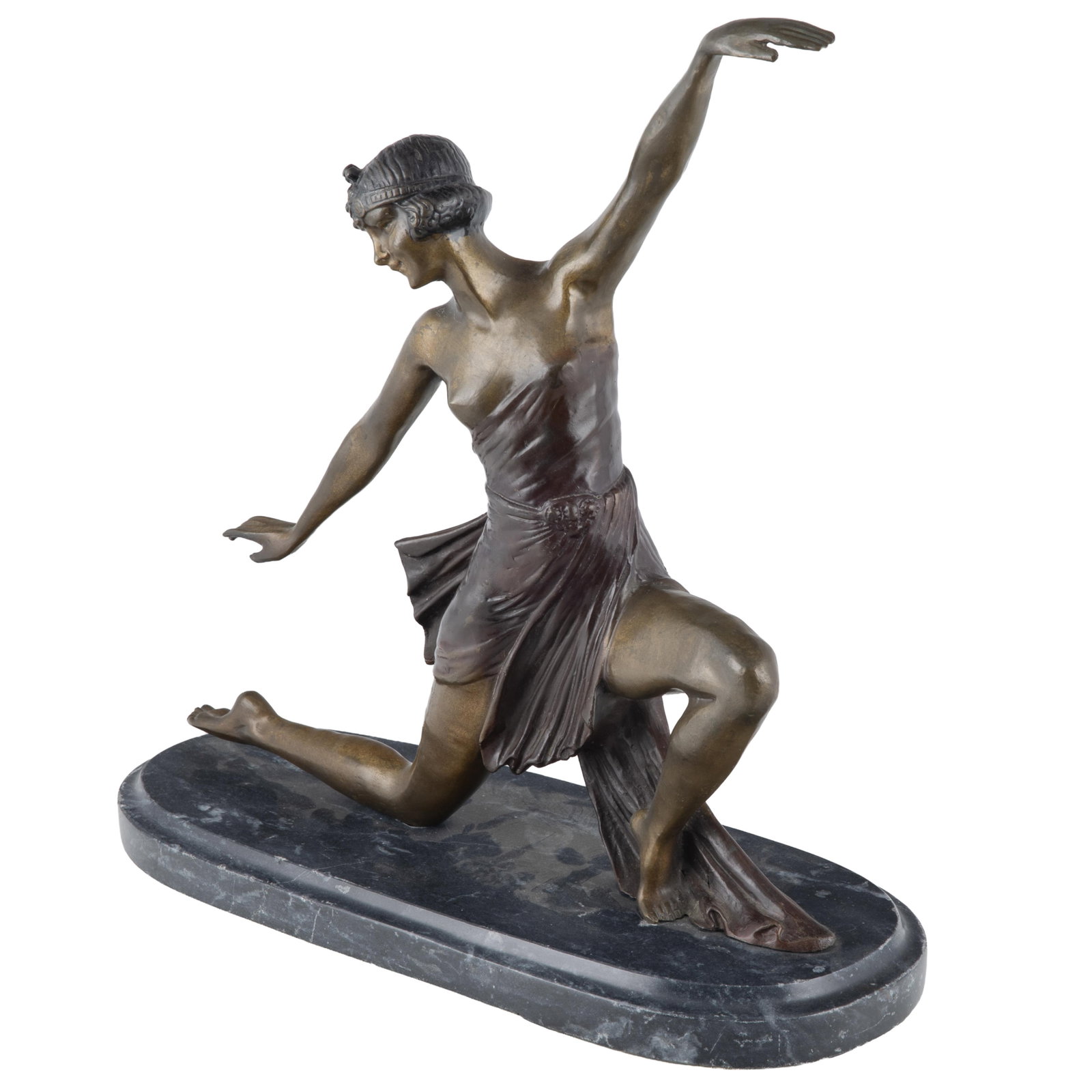 Demetre Chiparus (1886-1947 Romanian), Art Deco Bronze: Demetre Chiparus (1886-1947 Romanian) Art Deco Bronze The Dancer The dancer posed in a knelling Arabesque position with a trailing sash around her waist. Signed on sash, D.H. Chiparus Edition 6/50