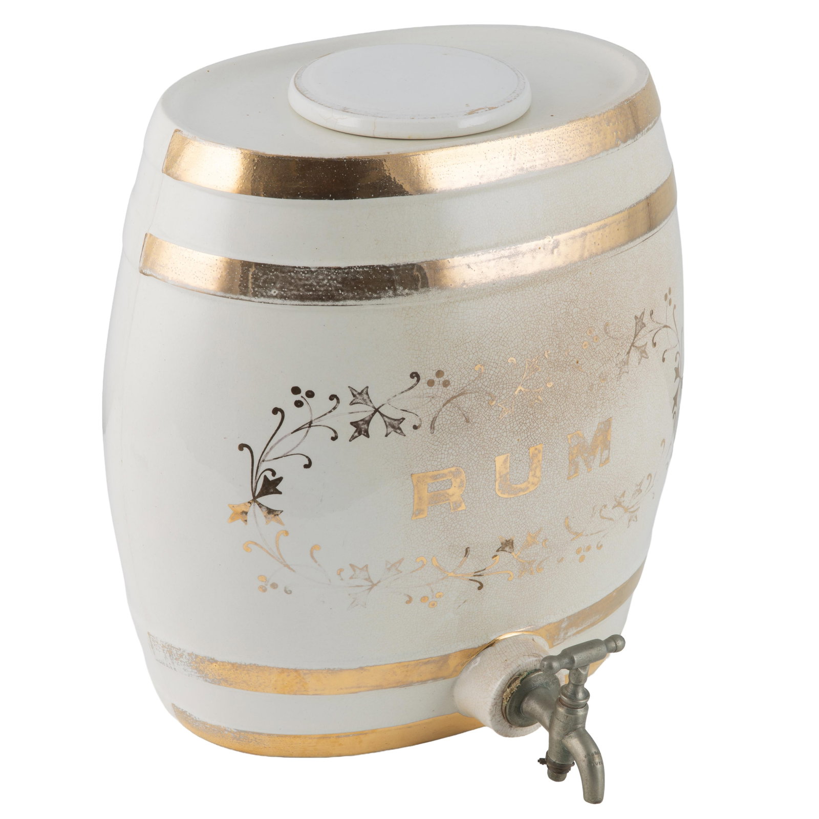 Ceramic Rum Crock: Ceramic Rum Crock The oval form with gilt decoration, unmarked, probably English. 13in (33cm) h. 14in (36cm) w. 9in (22cm)d Condition: Minor loss to gilding. minor chips at rim.