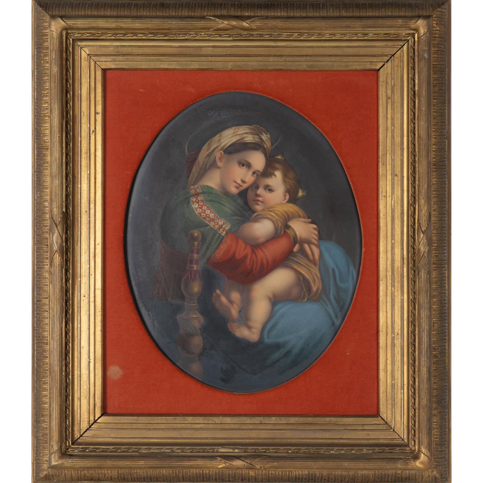 KPM Porcelain Plaque, Madonna and Child: KPM Porcelain Plaque Madonna and Child After Raphael's Madonna della Seggiola 16th Century Impressed mark: KPM 12 1/2in x 15 1/2in (32cm. x 39cm) Framed: 28in. x 22in (71cm. x 56cm) Provenance: J. C.