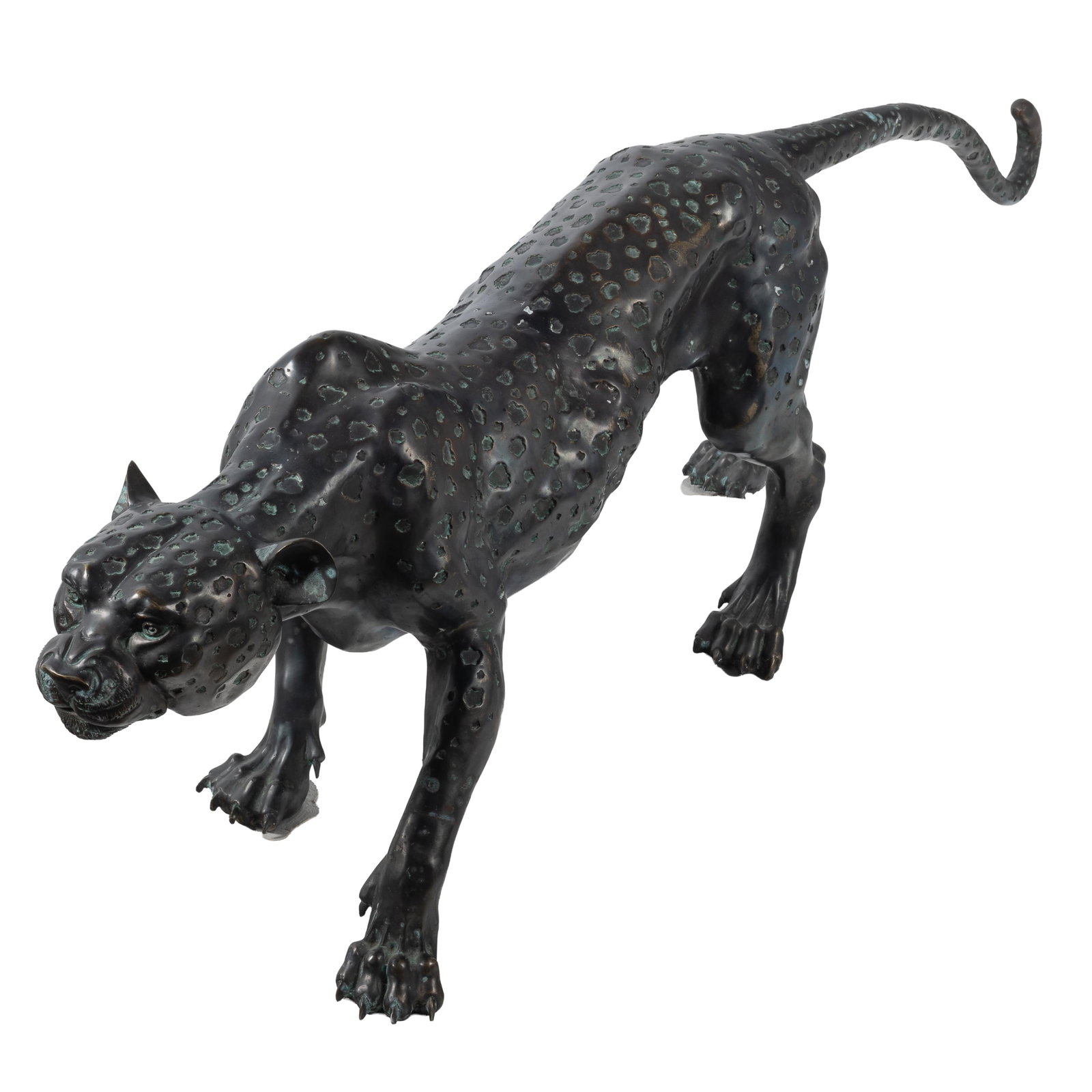 Patinated Metal Figure of a Leopard: Patinated Metal Figure of a Leopard The leopard depicted as a crouched stealthy hunter. 22in (56cm) h. 68in (173cm) l.