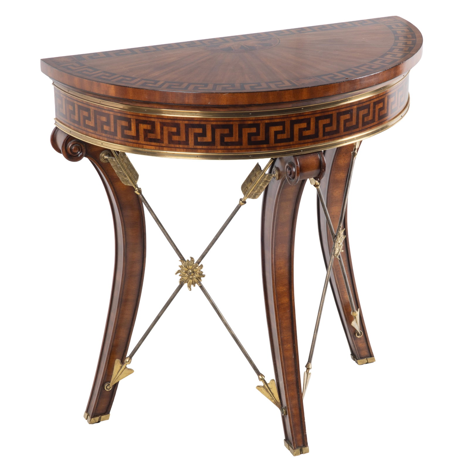 Empire Style Console Table: Empire Style Console Table The demi-lune top inlaid with a central acanthus cluster and Greek Key band raised on down scrolled legs joined by gilt arrow from stretchers. 36in (92cm) h. 36in (92cm) w.