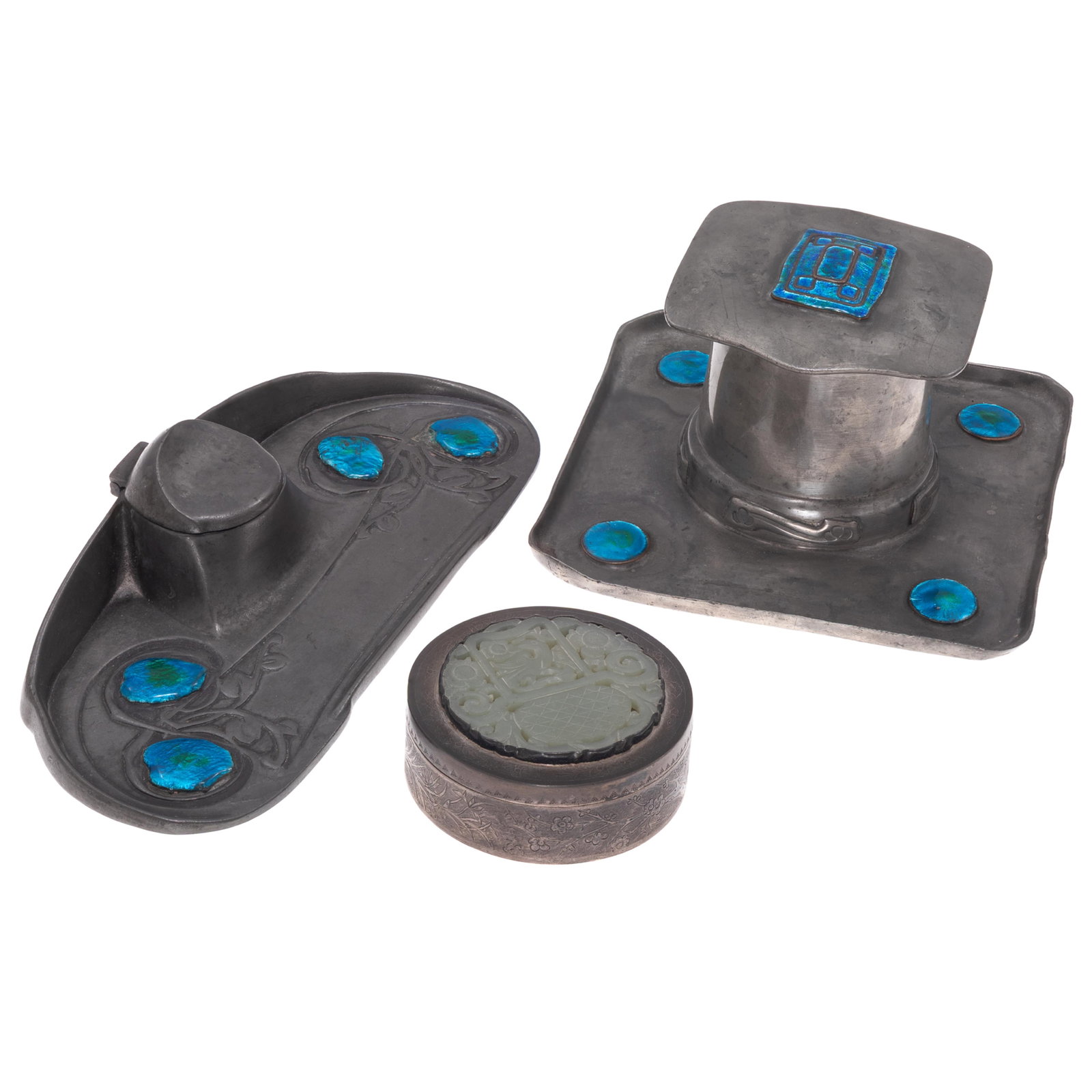 Arts and Crafts Pewter Desk Set: Arts and Crafts Pewter Desk Set Archibald Knox design for Liberty of London Including a enamel inset pewter inkwell 3 1/2in (9cm) h. 6in(15cm) sq. at base and a pen holder 2in (5cm) h. 9in (22cm) l