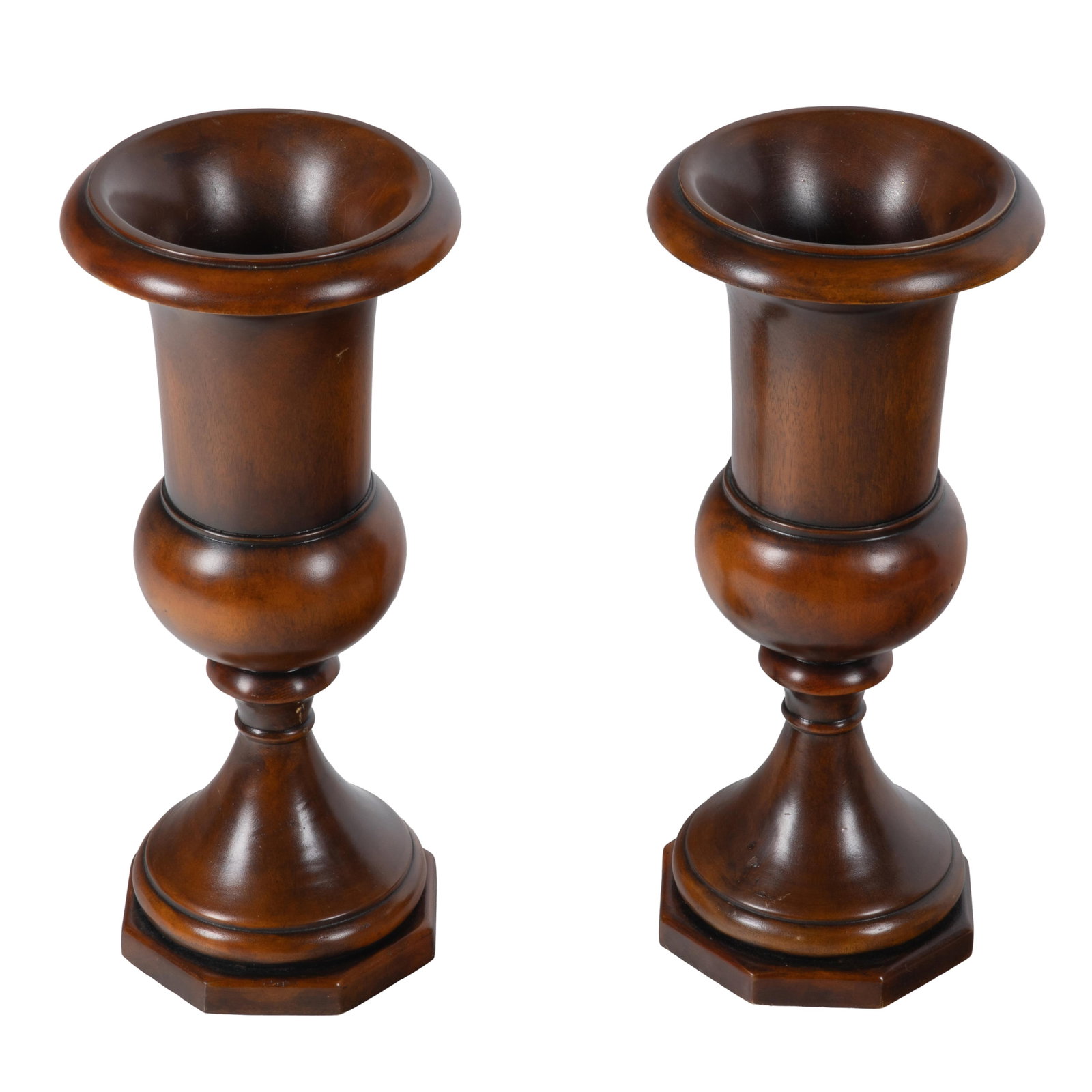 Pair of Neoclassical StyleTurned Wood Urns: Pair of Neoclassical StyleTurned Wood Urns Each of trumpet form with everted rim on baluster and spreading bases 20in (51cm) h. 10in (25cm) d Condition: Small chips to edges.