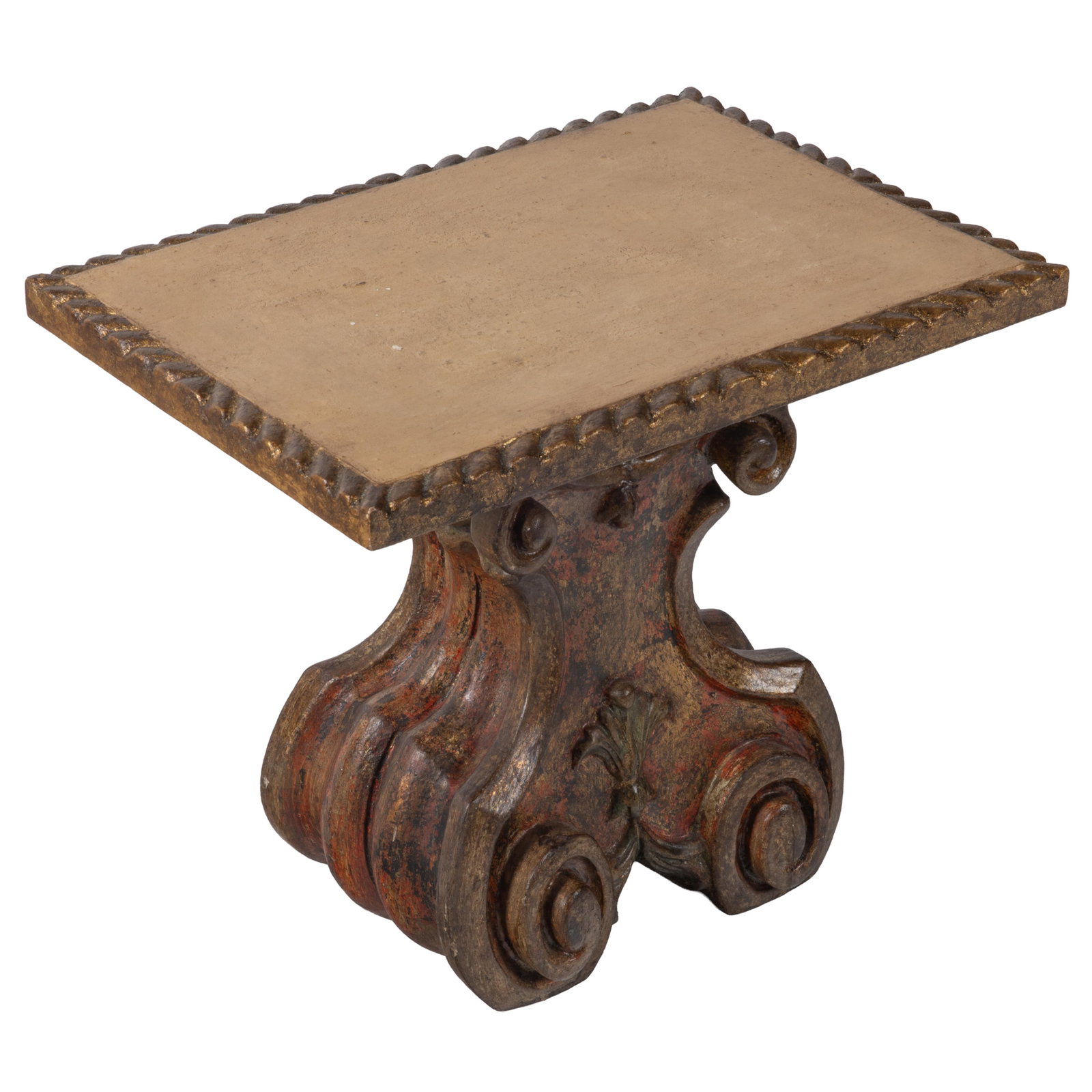 Baroque Architectural Element: Baroque Architectural Element The double cyma scrolls centering carved lily and acanthus and festoon scrolls exhibiting traces of gilt and old red paint. With a later rectangular top. 18in (46cm) h.