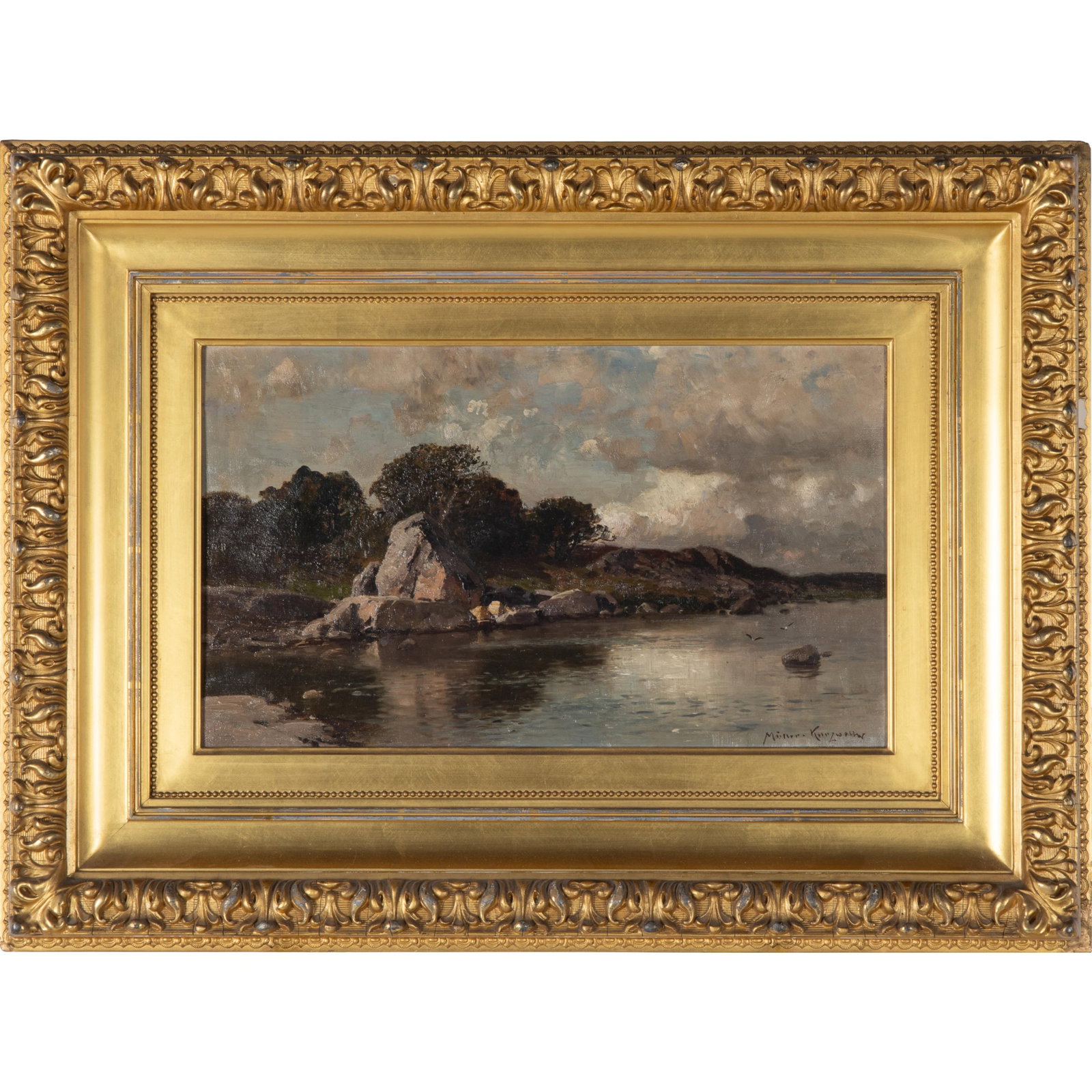 Konrad Muller-Kurzwelly (German, 1855-1914).: Konrad Muller-Kurzwelly (German, 1855-1914). View of a Rocky Shore. Oil on canvas, signed 'Muller Kurzwelly' (lower right), framed. 10 x 17in. (25.5 x 43.2cm). 19 x 26in. (48.3 x 66cm/frame).