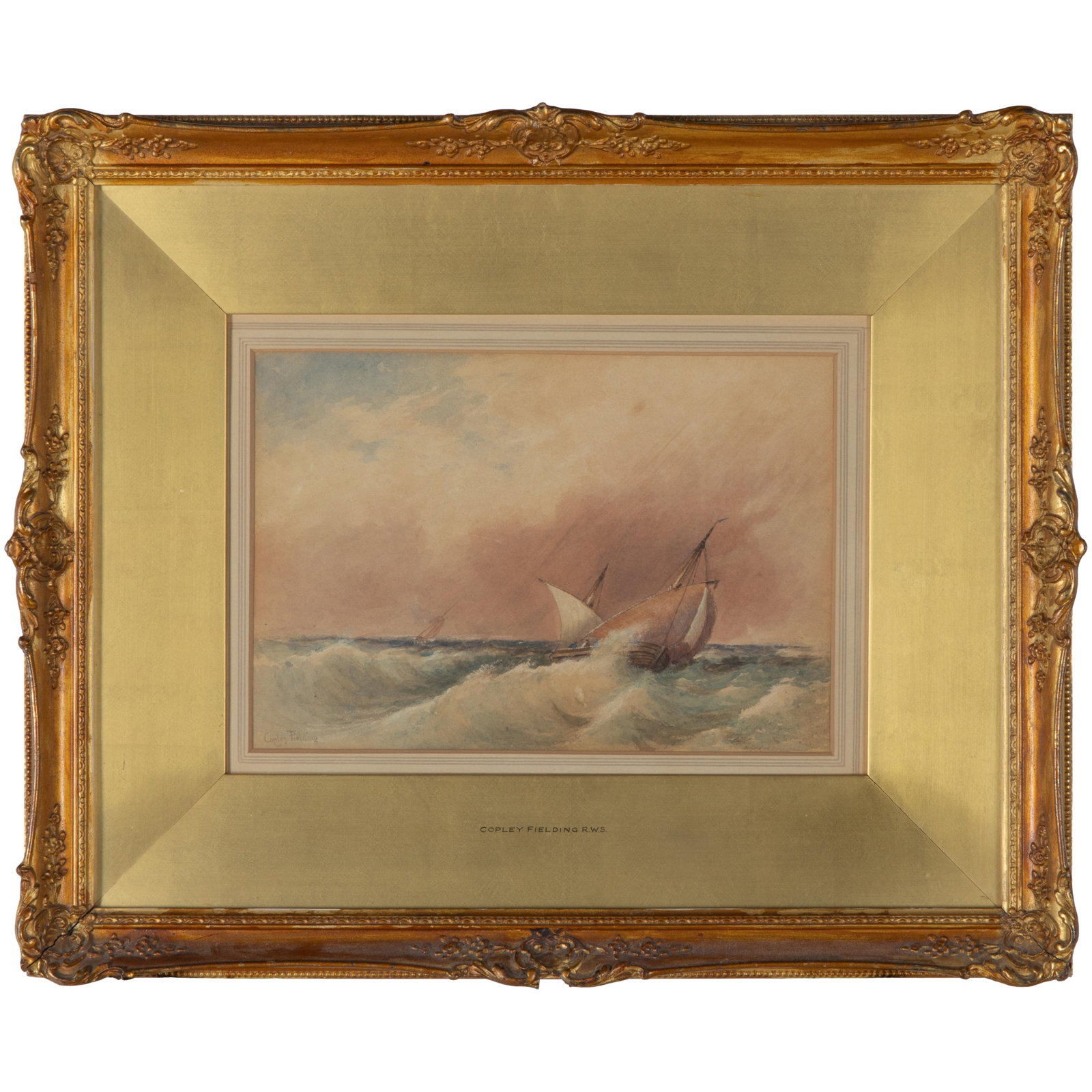 Copley Fielding R. W. S. (British, 1787-1855).: Copley Fielding R. W. S. (British, 1787-1855). Boats in a Turbulent Sea. Watercolor on paper, signed 'Copley Fielding' (lower left), framed. 7 x 10in. (17.8 x 25.3cm). 15 x 18in. (38 x 45.7cm/frame).