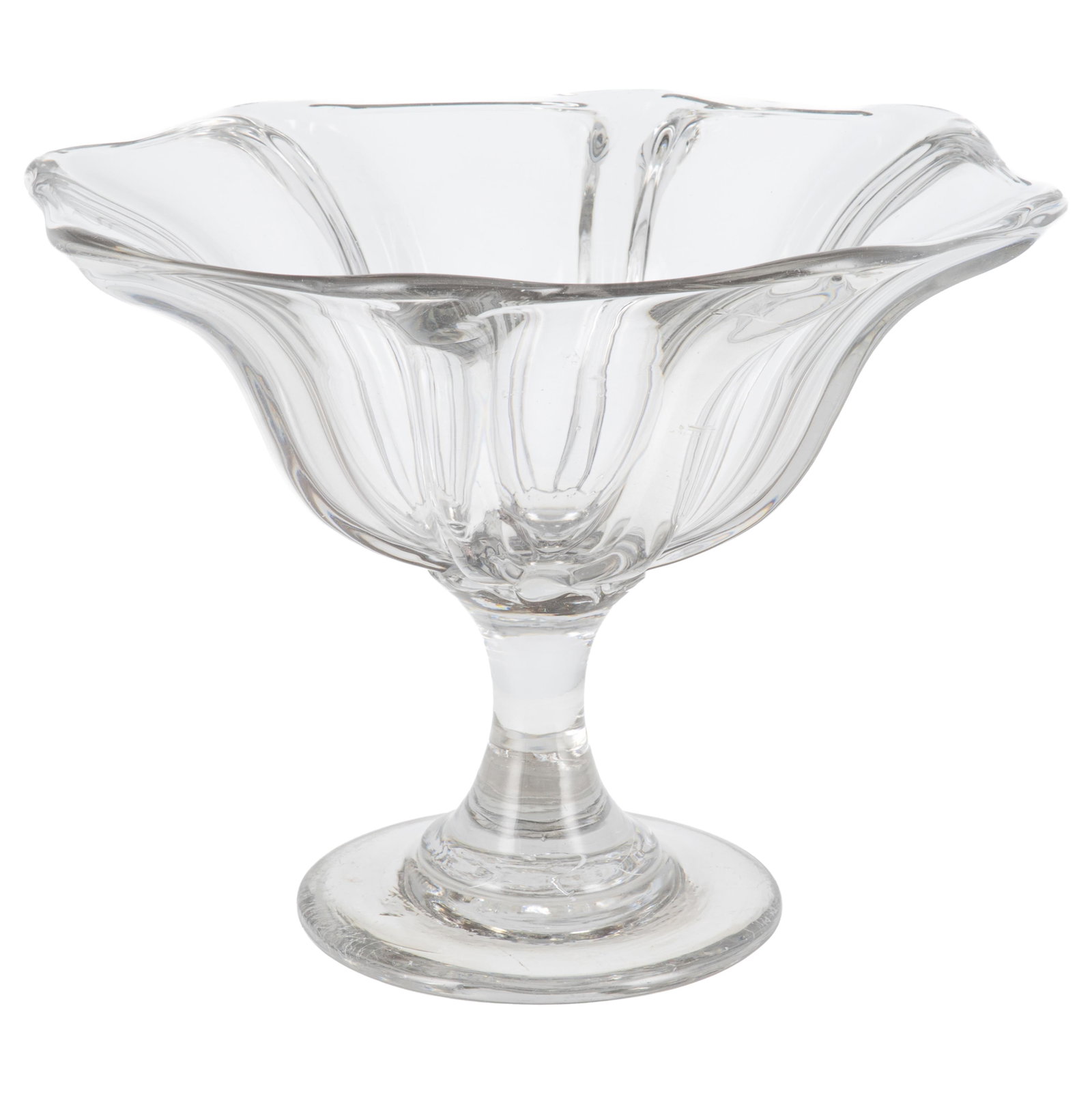 American Historic Glass Compote: American Historic Glass Compote Circa 1820. The thick glass bowl with flared edge on a pillar form support ending in a round base. 10in (26cm) h. 13in (33cm) d Circa 1820, Western Pennsylvania was eme