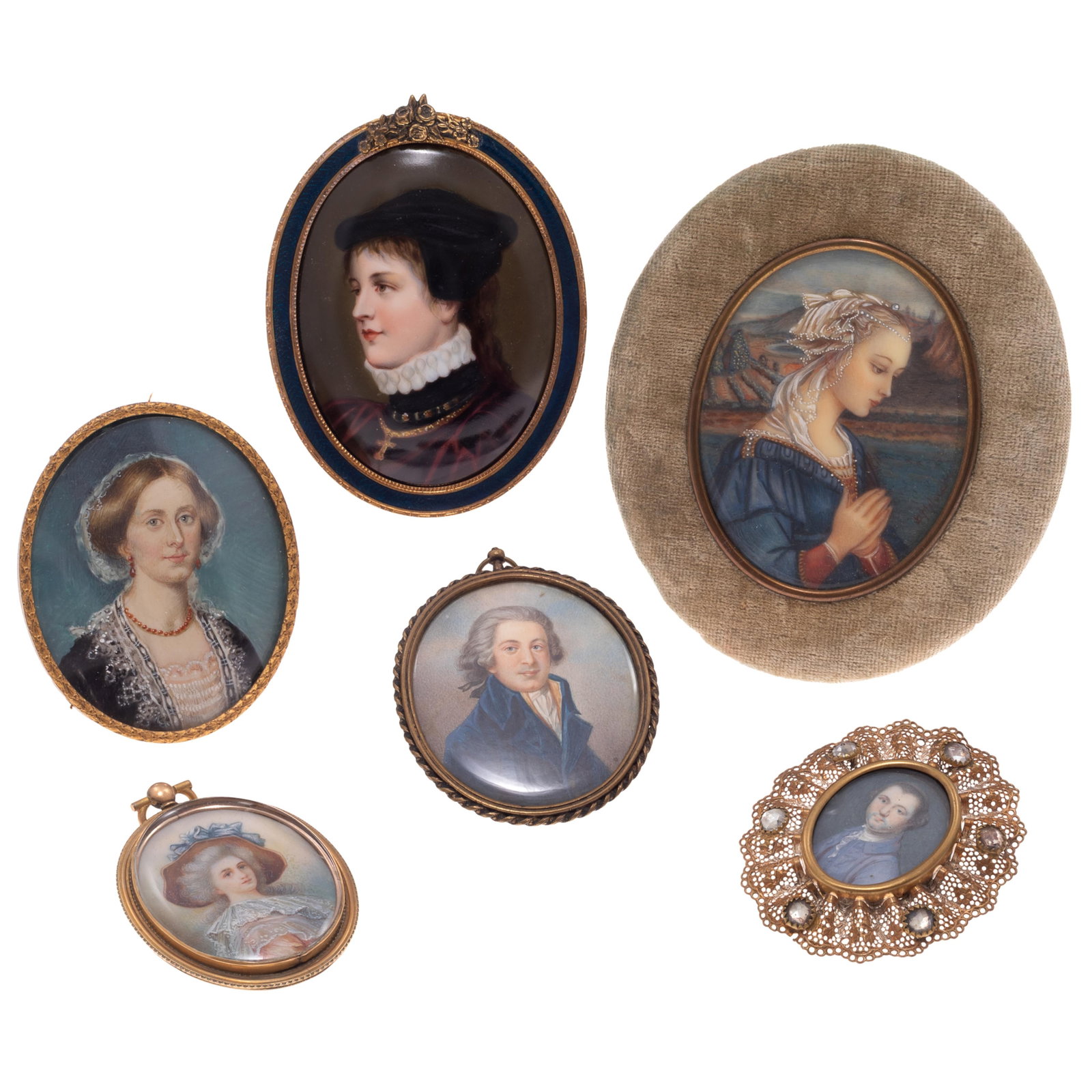 A Collection of 19th Century Portrait Miniatures: A Collection of 19th Century Portrait Miniatures Including a Young woman praying, a young man wearing religious jewels, A Georgian woman wearing a coral necklace and lace trimming, a Georgian gentlema