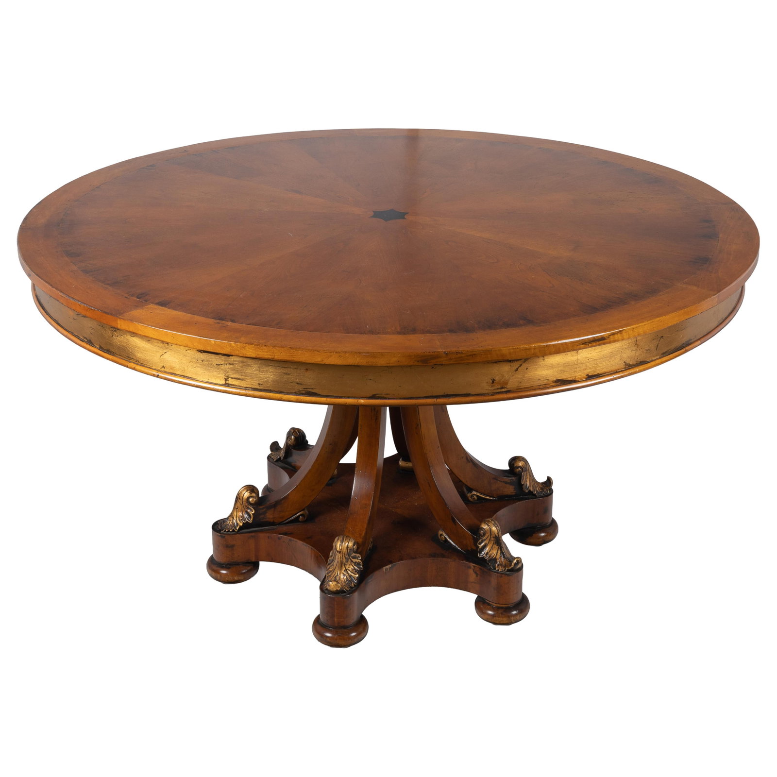 Neoclassical Style Center Table: Neoclassical Style Center Table The fruitwood top centering an inlaid ebonized star centering radiating panels over a recessed frieze supported by a cluster of six scrolling legs, each ending in a gil