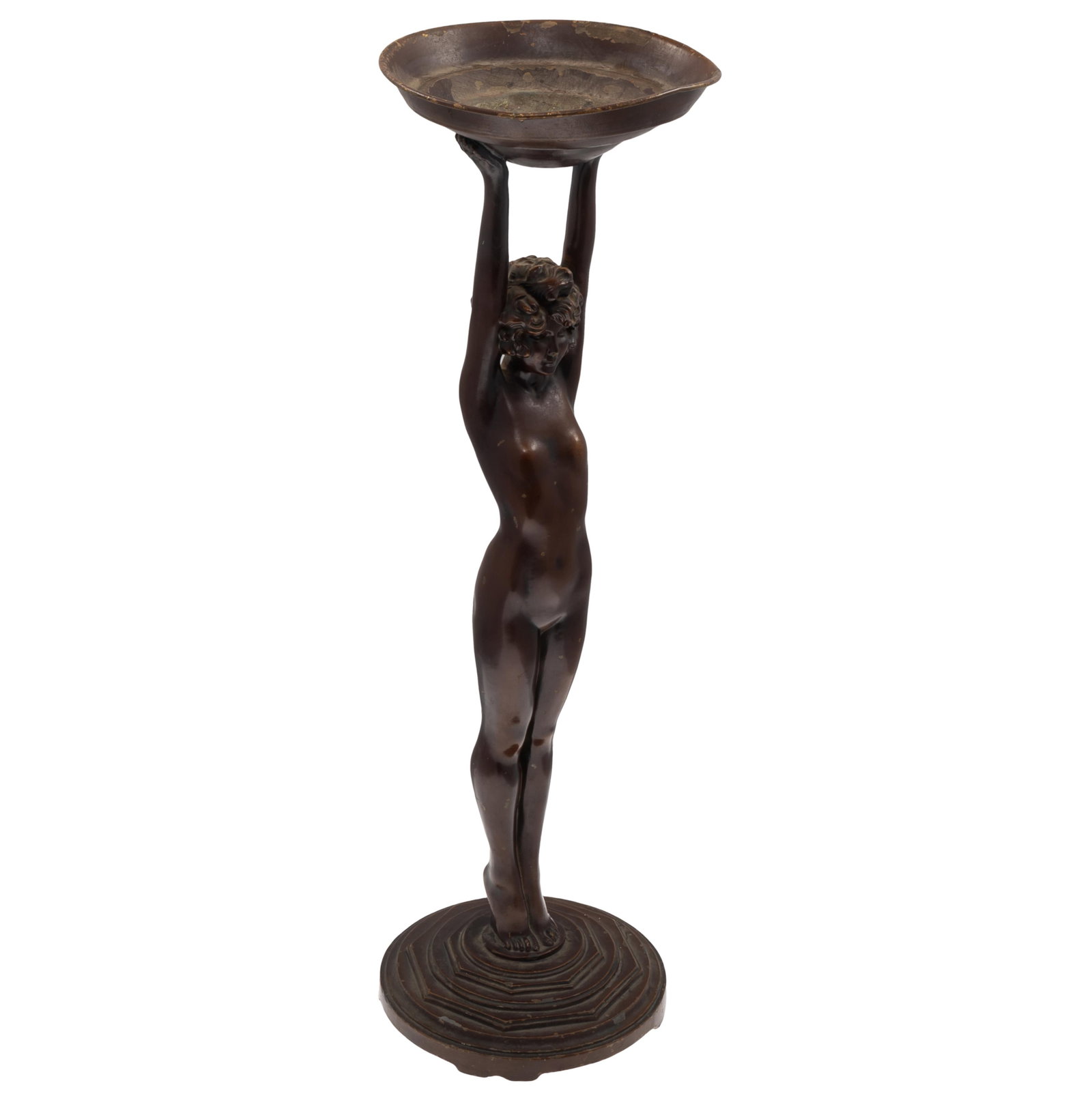 Art Deco Patinated Metal Stand: Art Deco Patinated Metal Stand In the form of a nude woman, standing on toes holding aloft a bowl 25 1/2in (65cm)